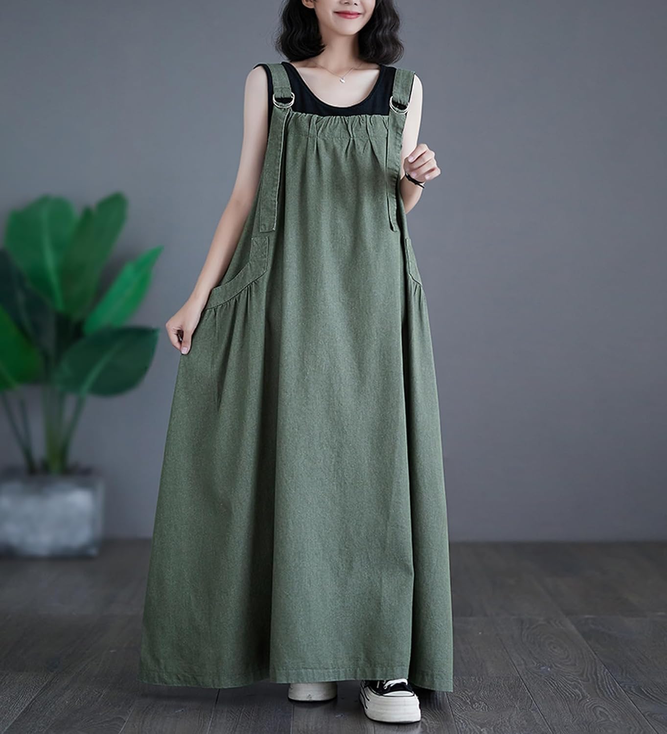 Women's Casual Loose Denim Dress Sleeveless Adjustable Straps Denim Jumper Dress with Pockets - Image 4