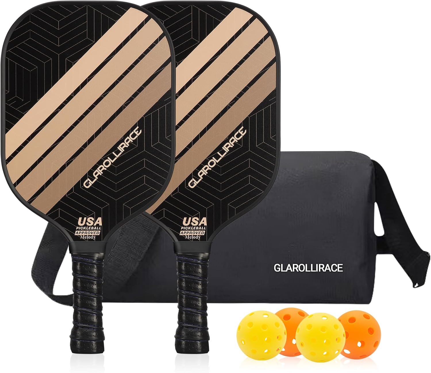 Pickleball Paddles Set of 2 | 4 Pickleball Rackets, USAPA Approved Pickleball Set, Fiberglass | Carbon Fiber Surface & 13 mm PP Honeycomb Core,4 Indoor & Outdoor Pickle Balls Set of 2 ?Gold & Black?