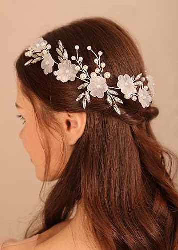 Miniatura 2 de Diadema de perlas blancas con diamantes de imitación de cristal de Rhineatone, diadema plateada hecha a mano, accesorios para el cabello de boda