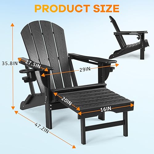 Miniatura 3 de Rengue Silla Adirondack plegable con otomana retráctil, silla de patio con soporte para tazas, silla de hoguera con textura de madera, resistente a