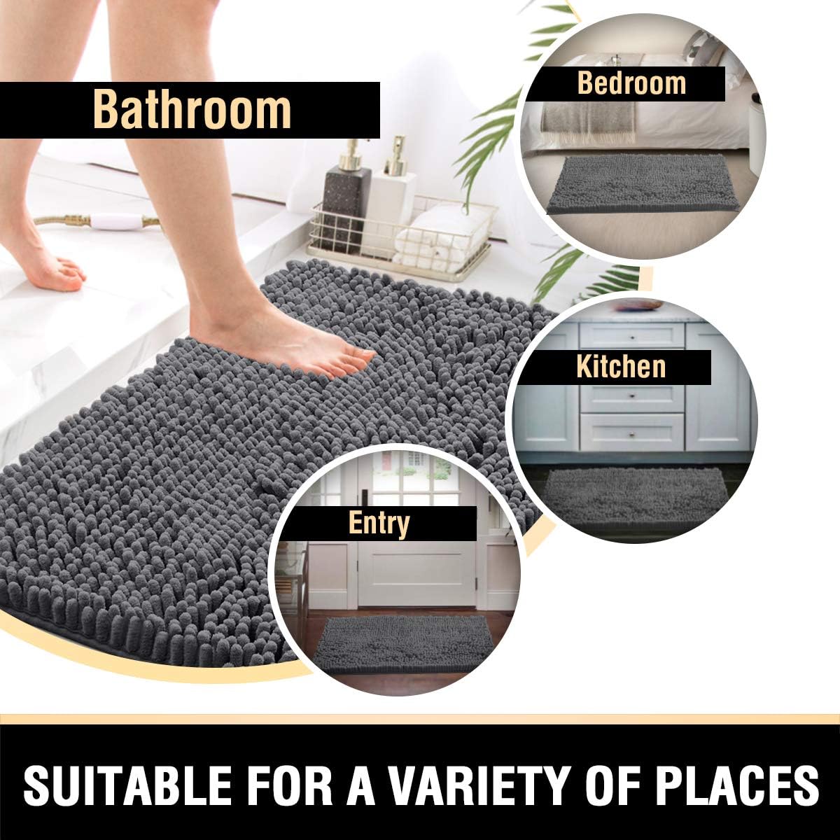 H.VERSAILTEX Luxury Chenille Bathroom Rugs - Non-Slip Bath Mats, Extra Soft Absorbent Shaggy, Washable Fast Dry 2 Piece Set (Grey, 20" x 32"/17" x 24") - Image 7
