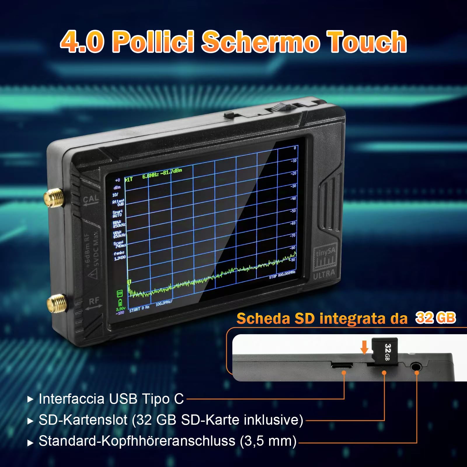AURSINC 2025 TinySA Ultra+ ZS406 Analizzatore di Spettro, HW V0.4.6 100kHz-5,4GHz 4,0" Analizzatore di Frequenza con Scheda da 32Gb, 2 in 1 Generatore di Segnale 100kHz-900MHz Ingresso UHF MF HF VHF