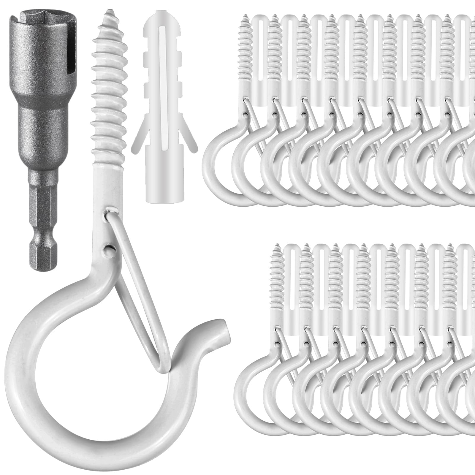 Photo 1 of FSAH 36 PCS Q-Hanger Hooks, Screw Hooks for Outdoor String Lights, Safety Buckle Design Cup Eye Hook for Hanging Christmas Lights, Plants, Mounted on Wall Ceiling, Include 1 Wing Nut Driver, White