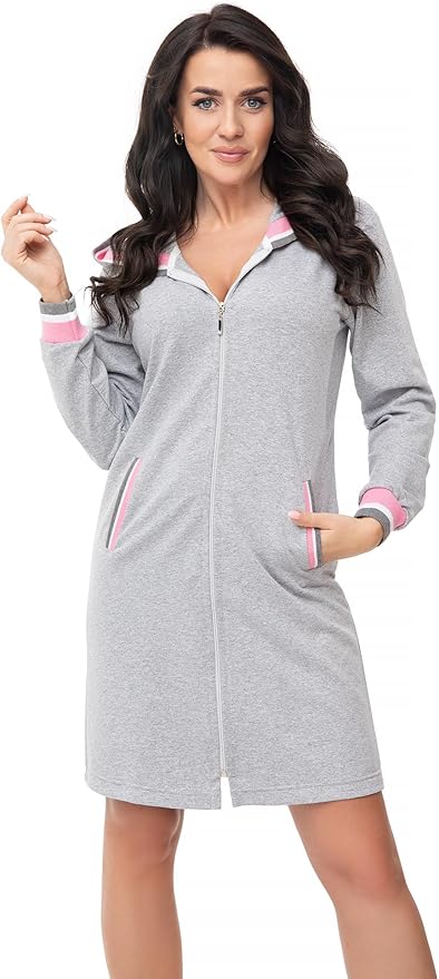 DOROTA Trendy en gezellige katoenen badjas voor dames, made in EU, verschillende uitvoeringen, grijs gemengd, M