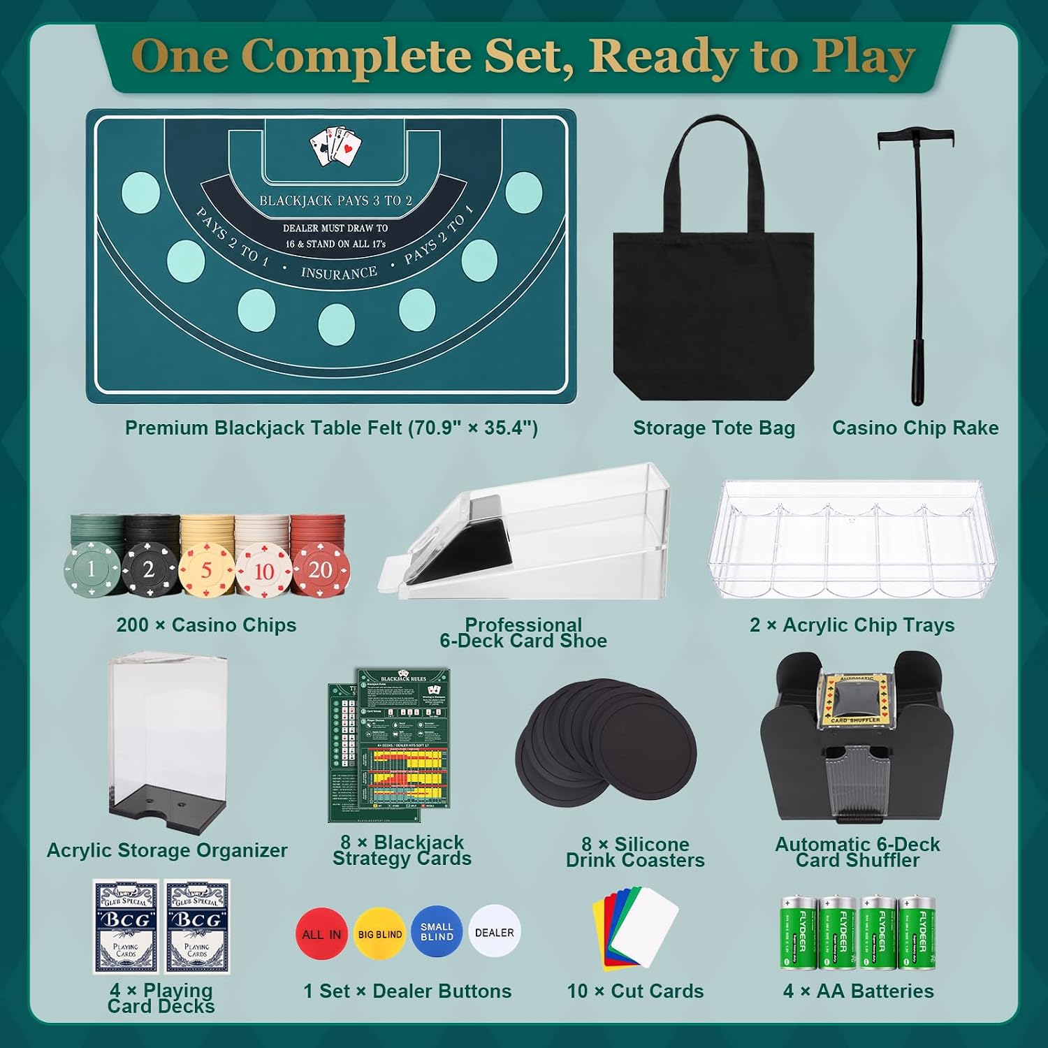 Extguds Blackjack Table Game Set, 71" x 35" Casino Felt Layout Mat with Automatic Card Shuffler, Poker Chips, Cards, Dealer Tools and Complete Casino Night Accessories for Home Party Entertainment