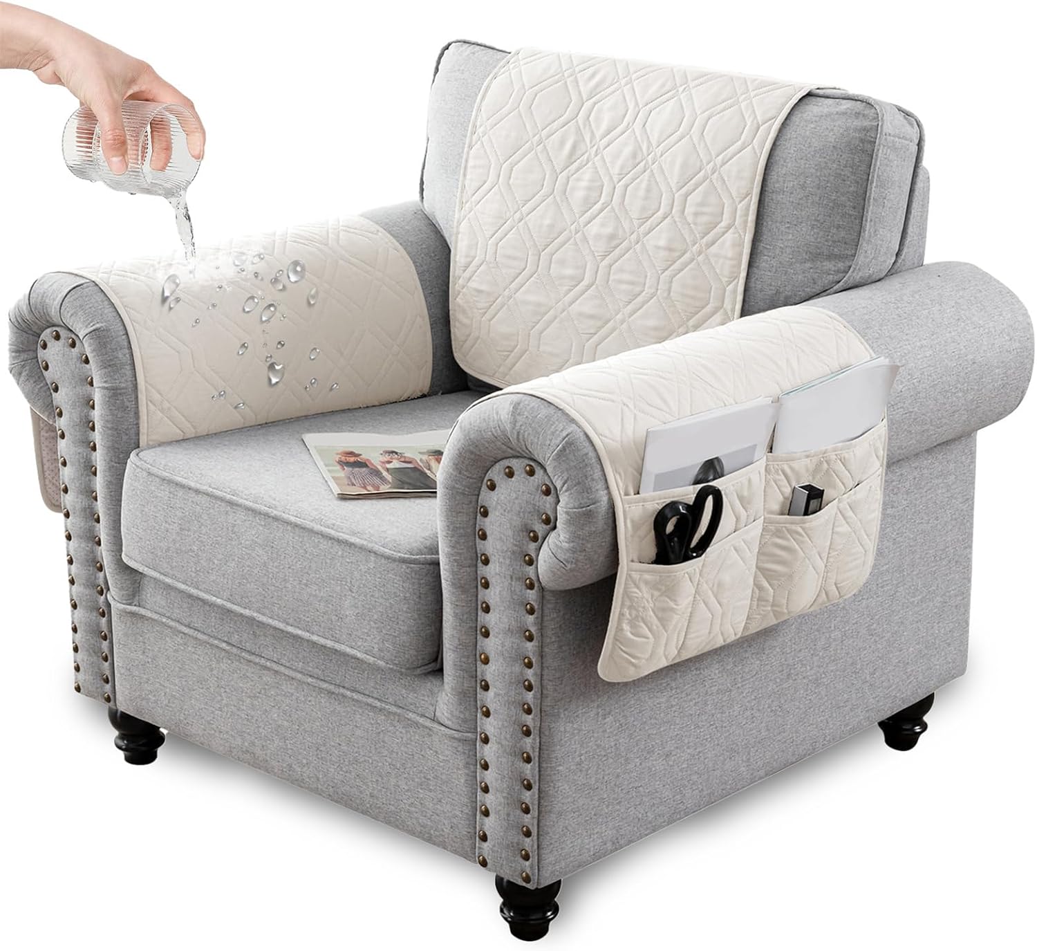 Waterproof Armrest Chair Covers with 6 Side Pocket 1 2 3 Seater Anti-Slip Chair Headrest Cover Armchair Slipcover Washable Protector for Pets Leather Sofa Couch (Ivory White,1 Seater 3PCS)