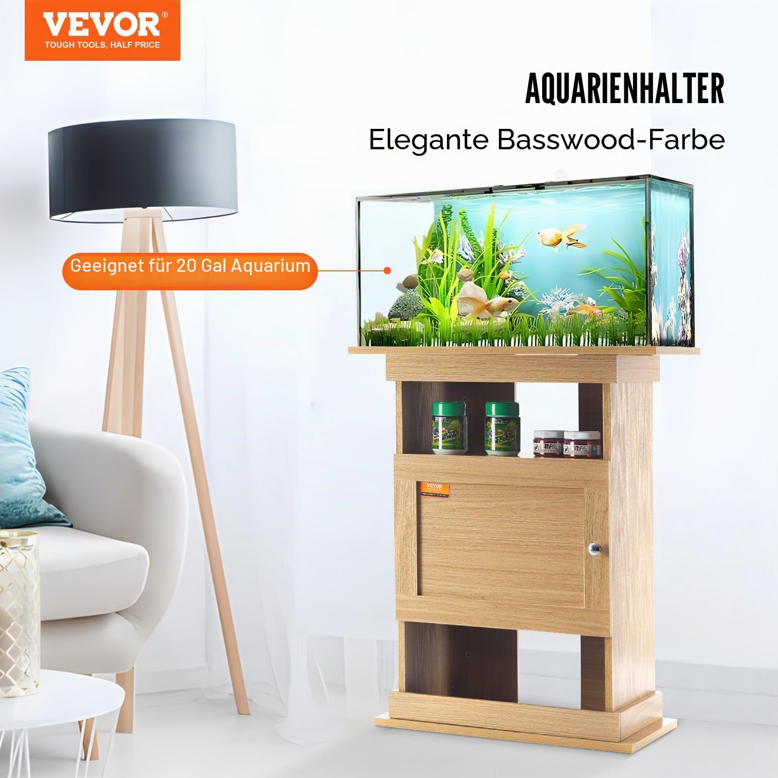 VEVOR Aquariumständer, 20 Gallonen Fischtankständer, 64 x 40 x 72 cm MDF Schildkrötentankständer, 76 kg Tragkraft, Reptilientankständer mit Aufbewahrung, Schrank und Hardware-Kit, Lindenholzfarbe
