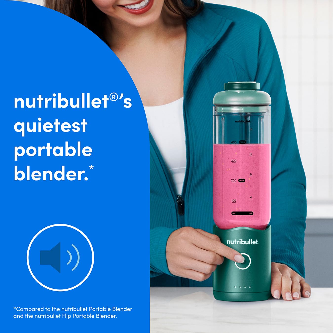 nutribullet Flex Blender w kolorze zielonym - duża pojemność 500 ml - gotowy do podróży - odłączane ostrza - wskaźnik baterii - przenośna konstrukcja - elegancki i kompaktowy - łatwe mieszanie - do