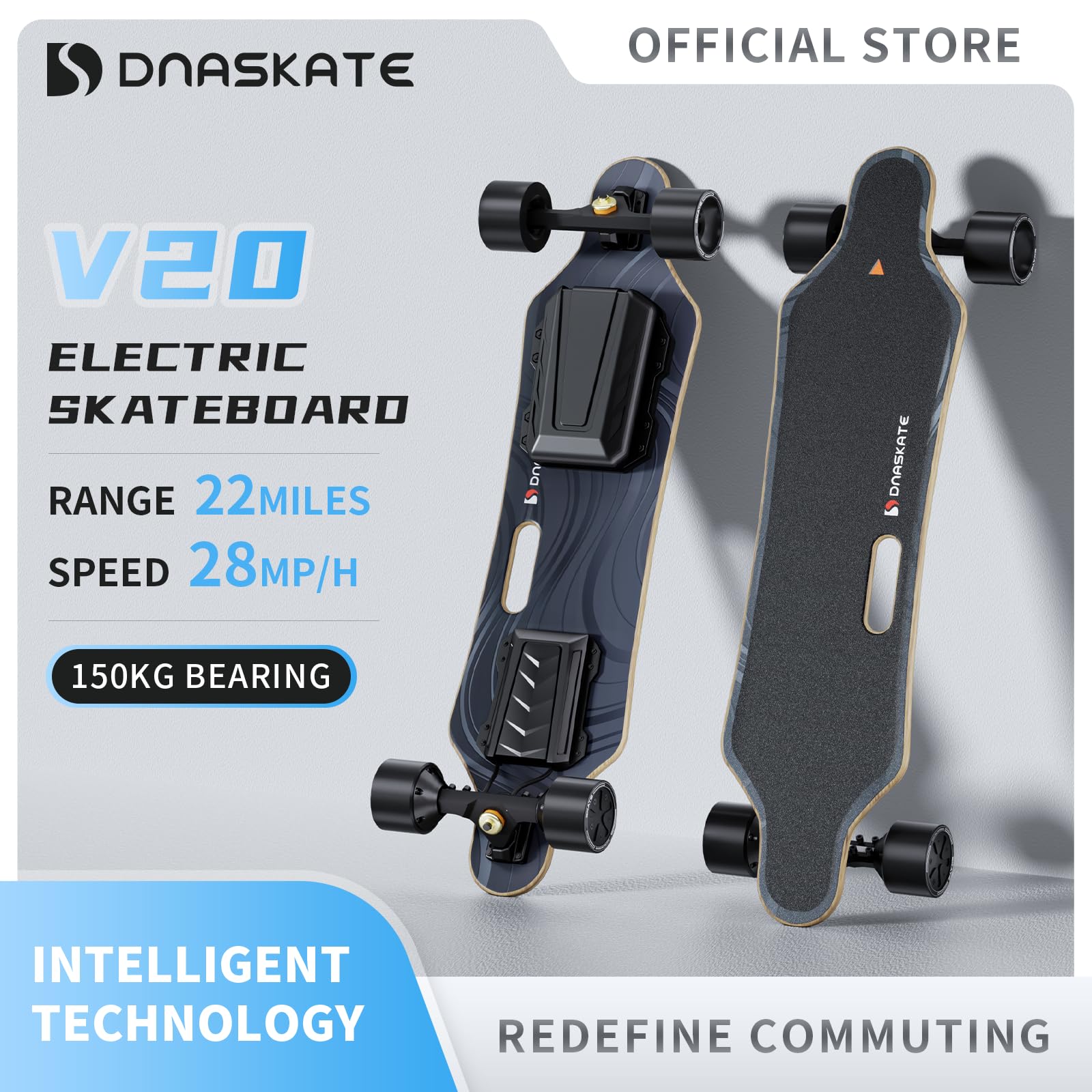 V20 Skateboard électrique avec télécommande, vitesse maximale de 28 km/h, portée de 36 km, moteur moyeu de 1000 W, longboard pour adultes et adolescents