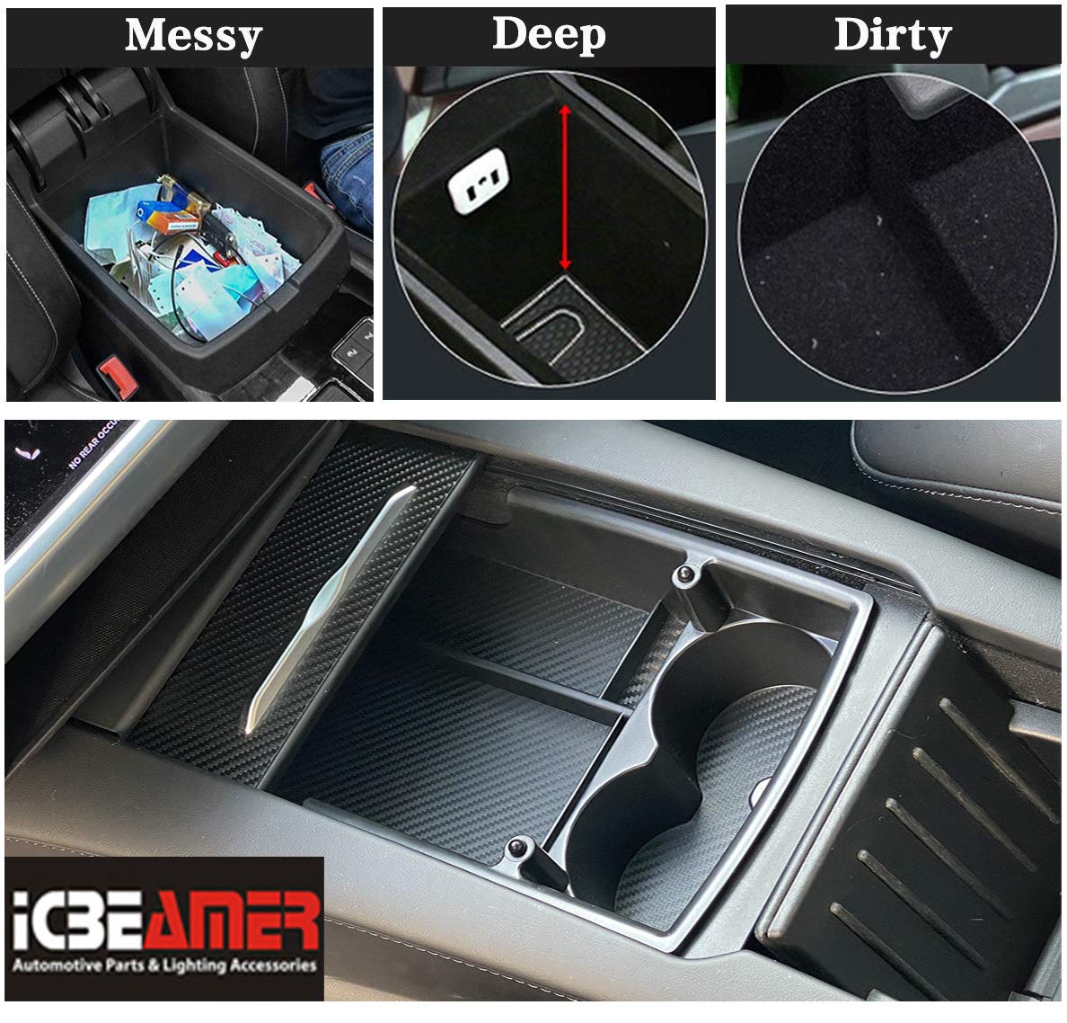 ICBEAMER Carbon Fiber Pattern Center Console Organizer Fit: Tesla Model S/Model X 2016~2021, Storage Box Coins Cup Holder