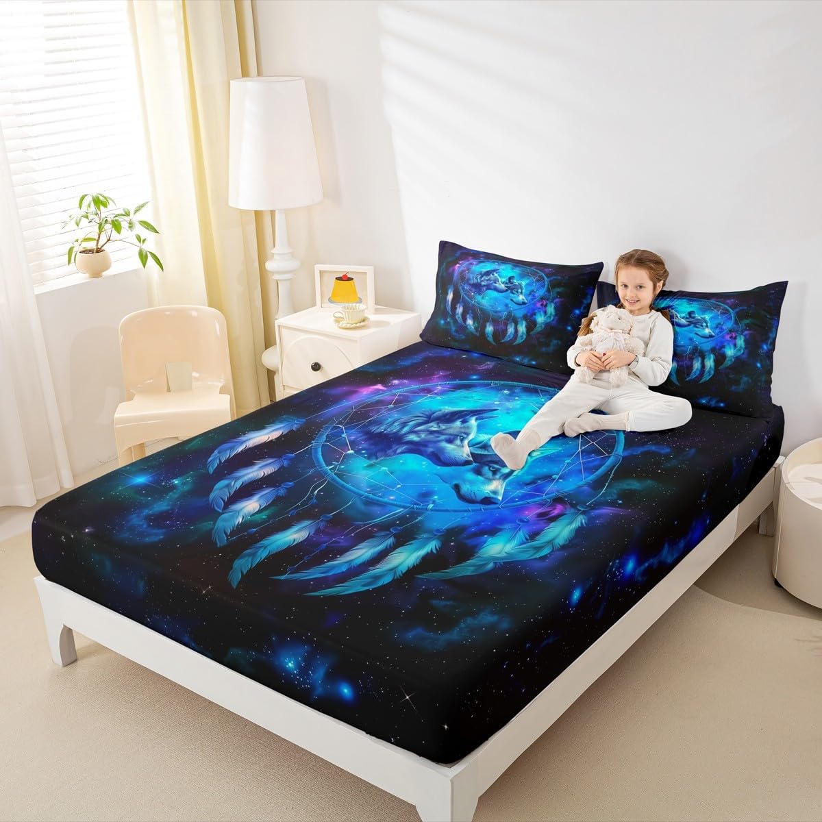 3D Wolf Bed Sheets Twin Size,Dream Catcher Bedding Set 3Pcs for Kids Girls Boys Teens Room Decor,Starry Sky Galaxy Fitted Sheet Trippy Tribal Style Top Flat Sheet,1 Pillowcase