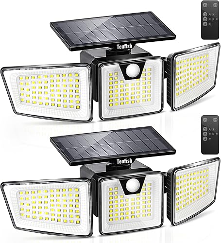 TENFISH Luces solares para exteriores con 3 modos de control remoto, luces de sensor para exteriores, IP65, impermeables, superbrillantes, 200 luces