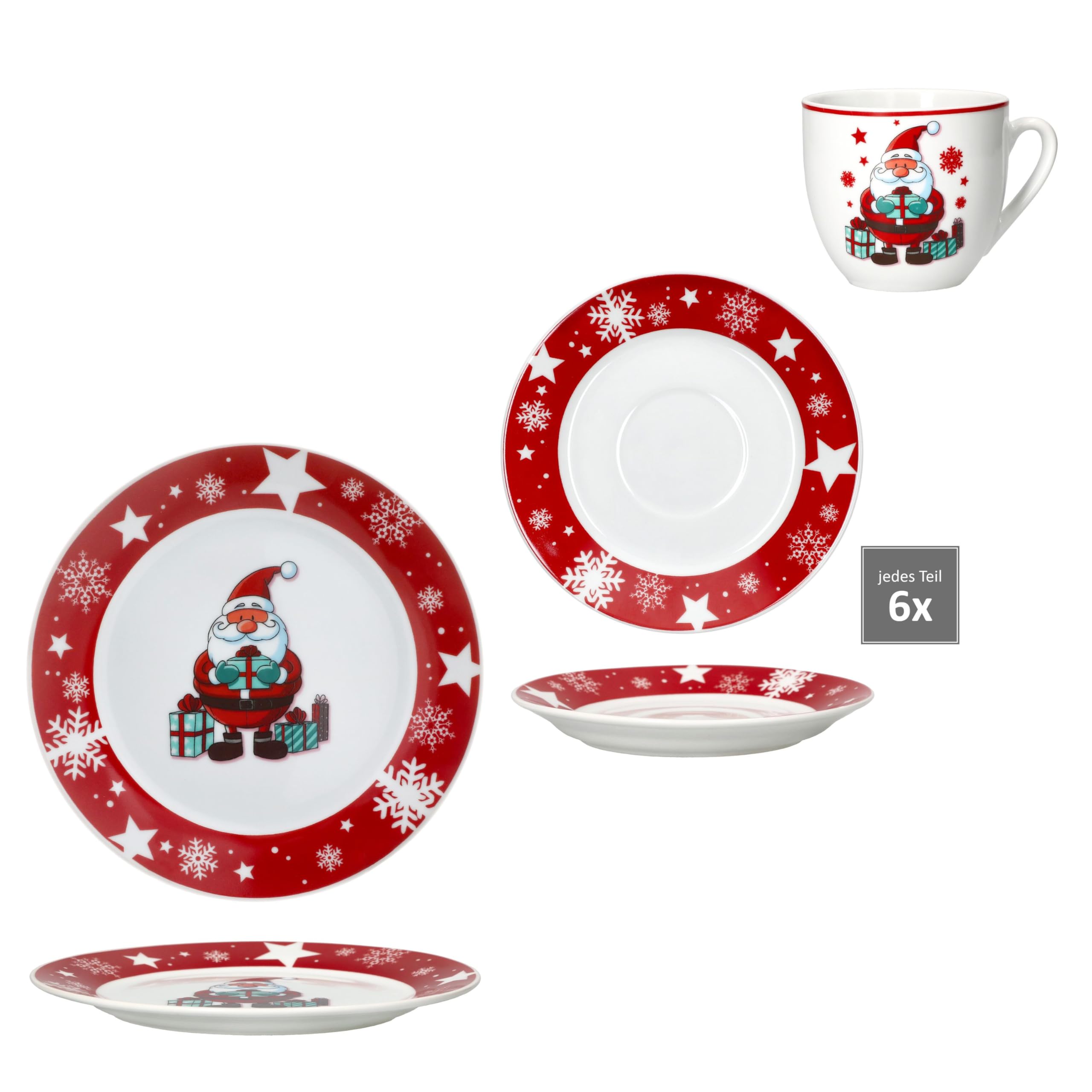 MamboCat Service à café Père Noël pour 6 à 18 pièces en porcelaine avec décoration de Noël – Comprend 6 tasses à café, soucoupes, assiettes à gâteau – Vaisselle de vacances