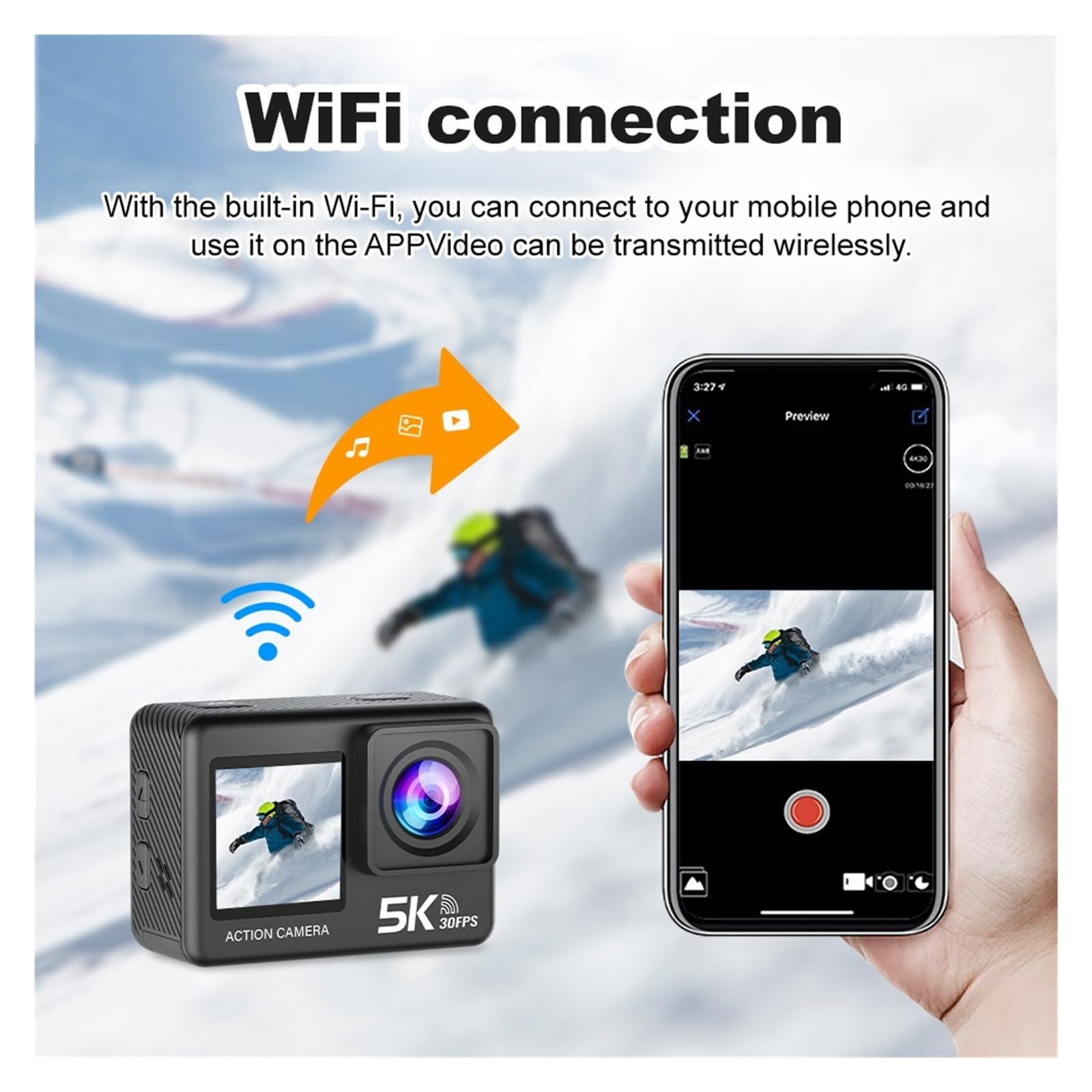 Action Camera 5K 4K 60FPS EIS WiFi Doppio Schermo 170D Touch Screen Da 2,0 Pollici 30M Fotocamera Sportiva Impermeabile Con Telecomando(64GB Card)