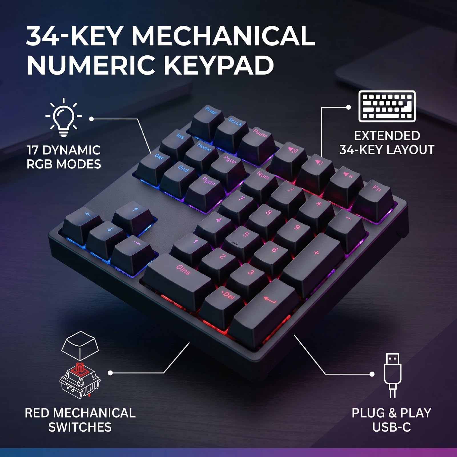 XUMIUZIY Tastierino Numerico Cablato, Tastierino Numerico Meccanico con Retroilluminazione RGB, Copritasti PBT, Interruttore Rosso Sostituibile a Caldo, Silenzioso, Num