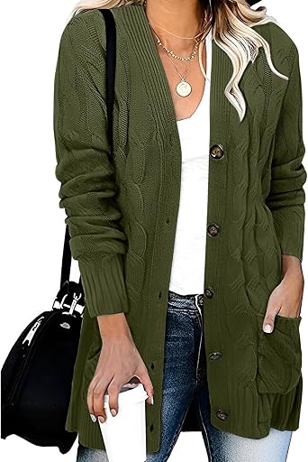 YRAETENM Womens Open Front Cardigan Sweaters Fall Cable Knit Chunky Button Down Long Sleeve Outerwear Coats with Pockets