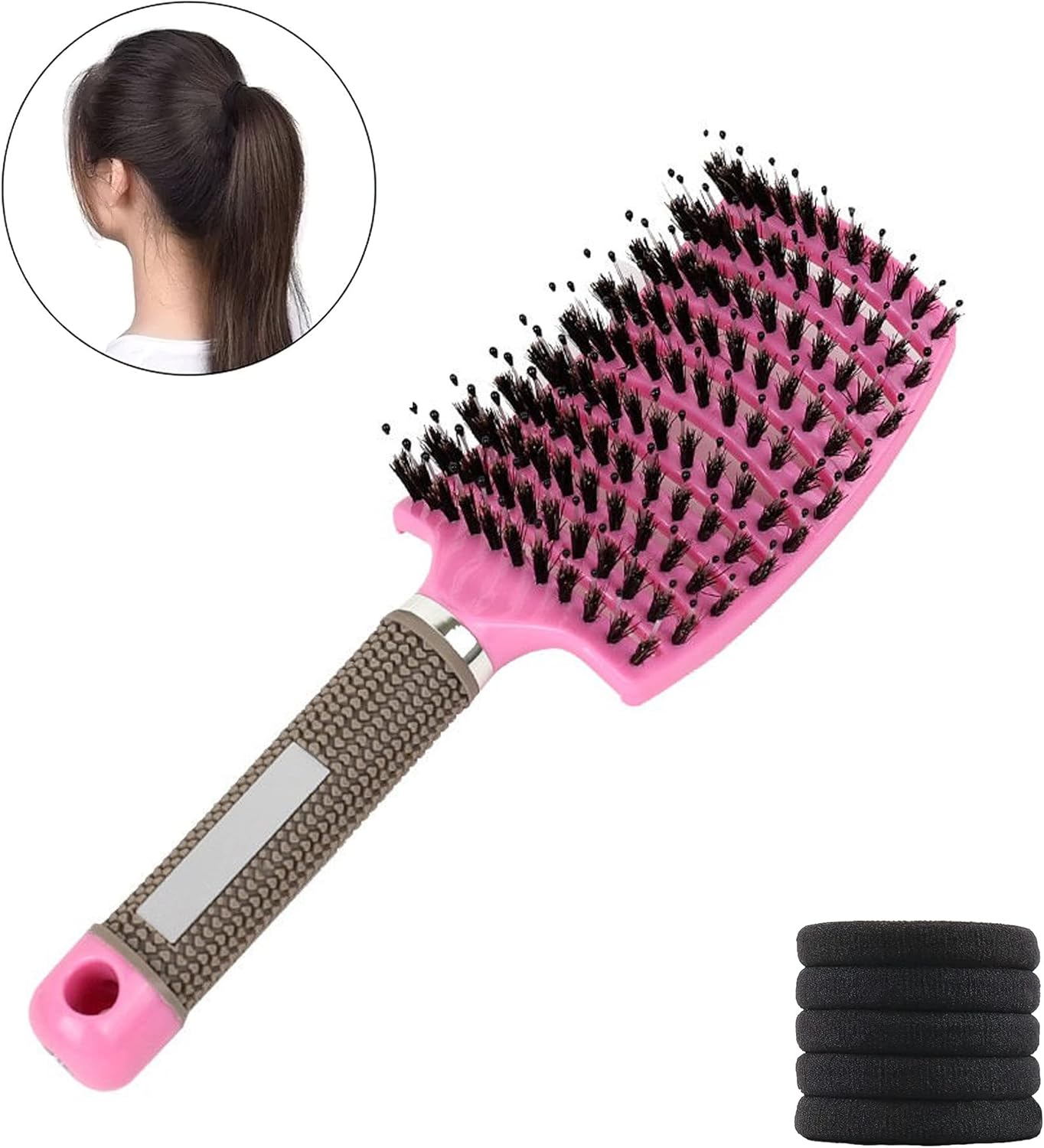 Cepillo Pelo + 5 Coleteros – Antitirones – Efecto Masaje – Peine Desenredante – Cepillo Cerdas Jabali – Todo Tipo de Cabello (Rosa)