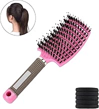 Hair Brush + 5 Scrunchies - No Pull - Massage Effect - Detangling Comb - Jabali Bristle Brush - All Hair Types (Pink)