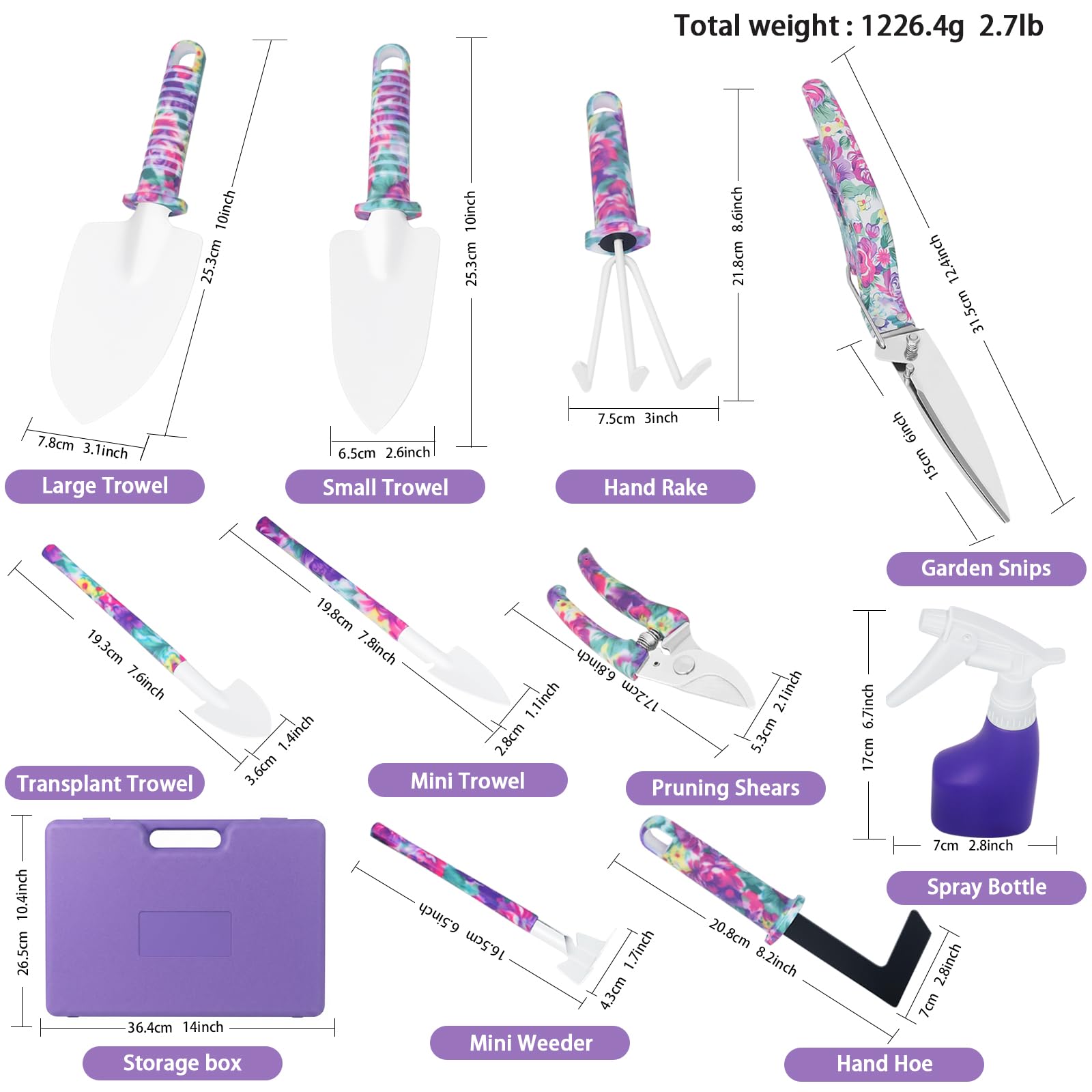 Outils Jardinage, Kit 10 Pièces avec Mallette, Motif Violet