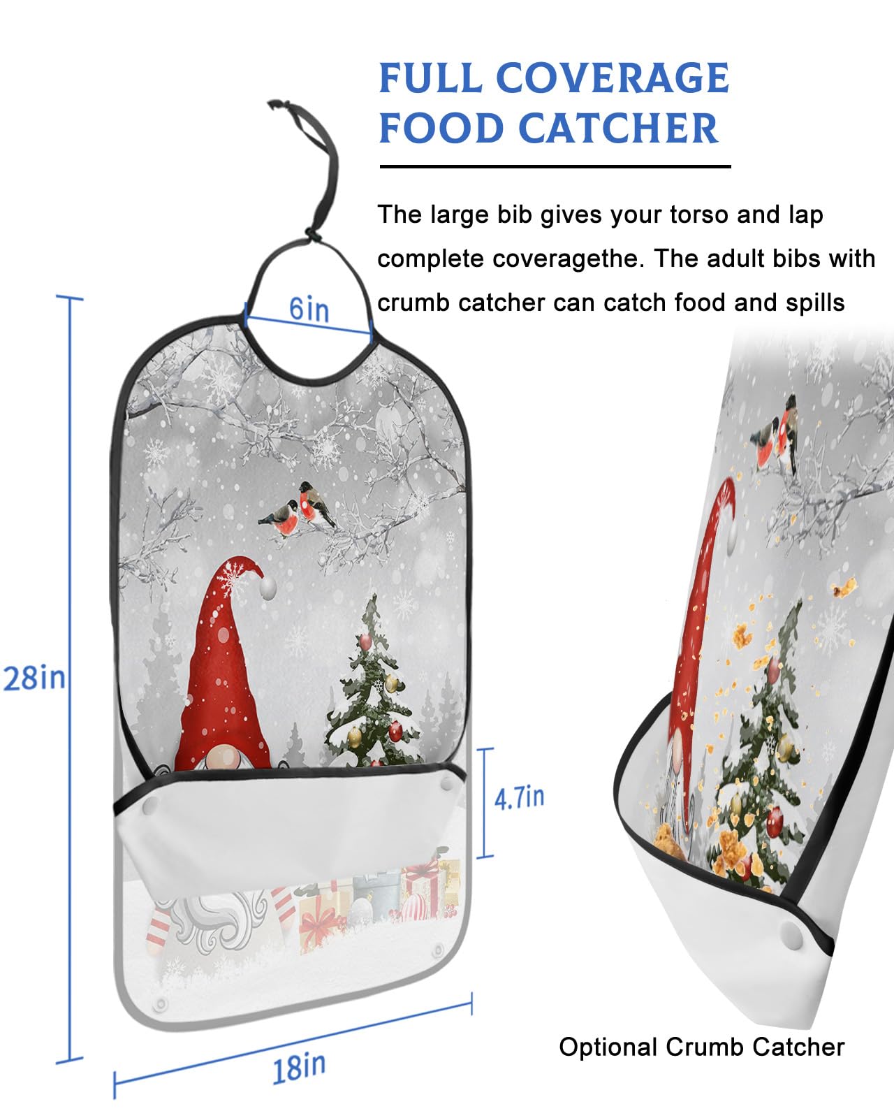 LEOKOTI Gray Gnomes Christmas Adult Bibs for Eating, Waterproof Bibs with Food Catcher & Adjustable Snap Closure, Xmas Tree Birds Winter Snowflake Washable Clothing Protectors Adult Bibs for Elderly