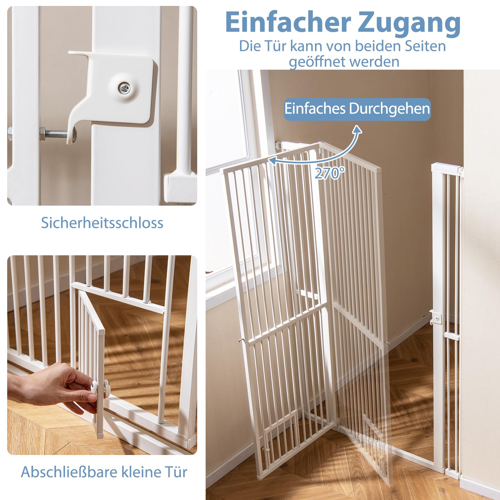 COSTWAY Türschutzgitter Hunde, Absperrgitter ganz hoch, 77-104 cm x 150 cm, Schutzgitter mit Kleiner Tür, 2 Erweiterungen, Türgitter ohne Bohren, Hundegitter ausziehbar, Sicherheitsgitter Metall, Weiß
