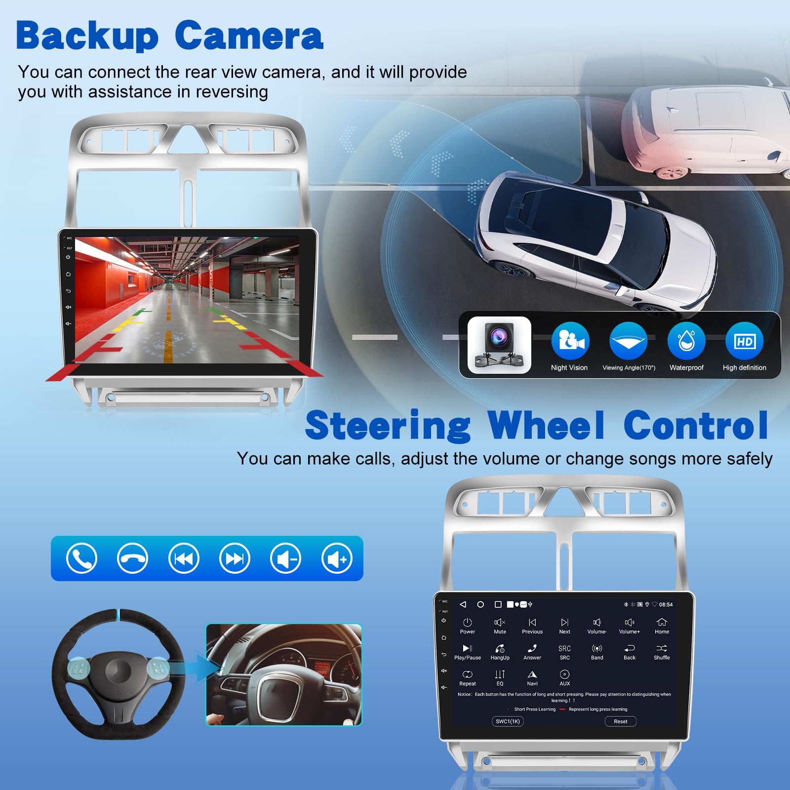 Radio de Coche para Peugeot 307 307CC 307SW 2002-2013, [2G+64G] Estéreo de Coche con 9 Pulgadas Pantalla Táctil Android con Wireless Carplay y Android Auto/Bluetooth/WiFi/Bluetooth/EQ/FM RDS Radio