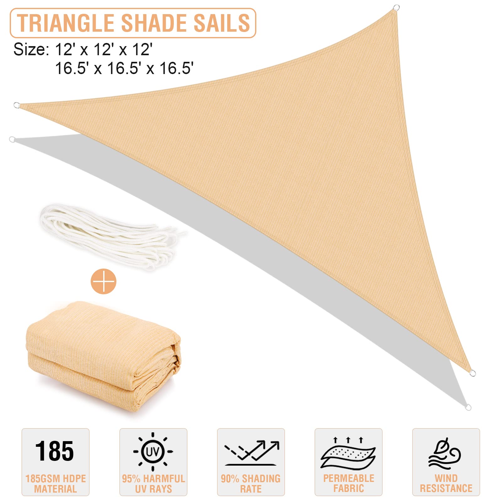 Duerer Tenda a Vela Ombreggiante Triangolare 3.6x 3.6x 3.6m Vela Parasole Blocco 95% UV Tenda da Sole da All'aperto Giardino, Balconi, Terrazza, Campeggio-Sabbia