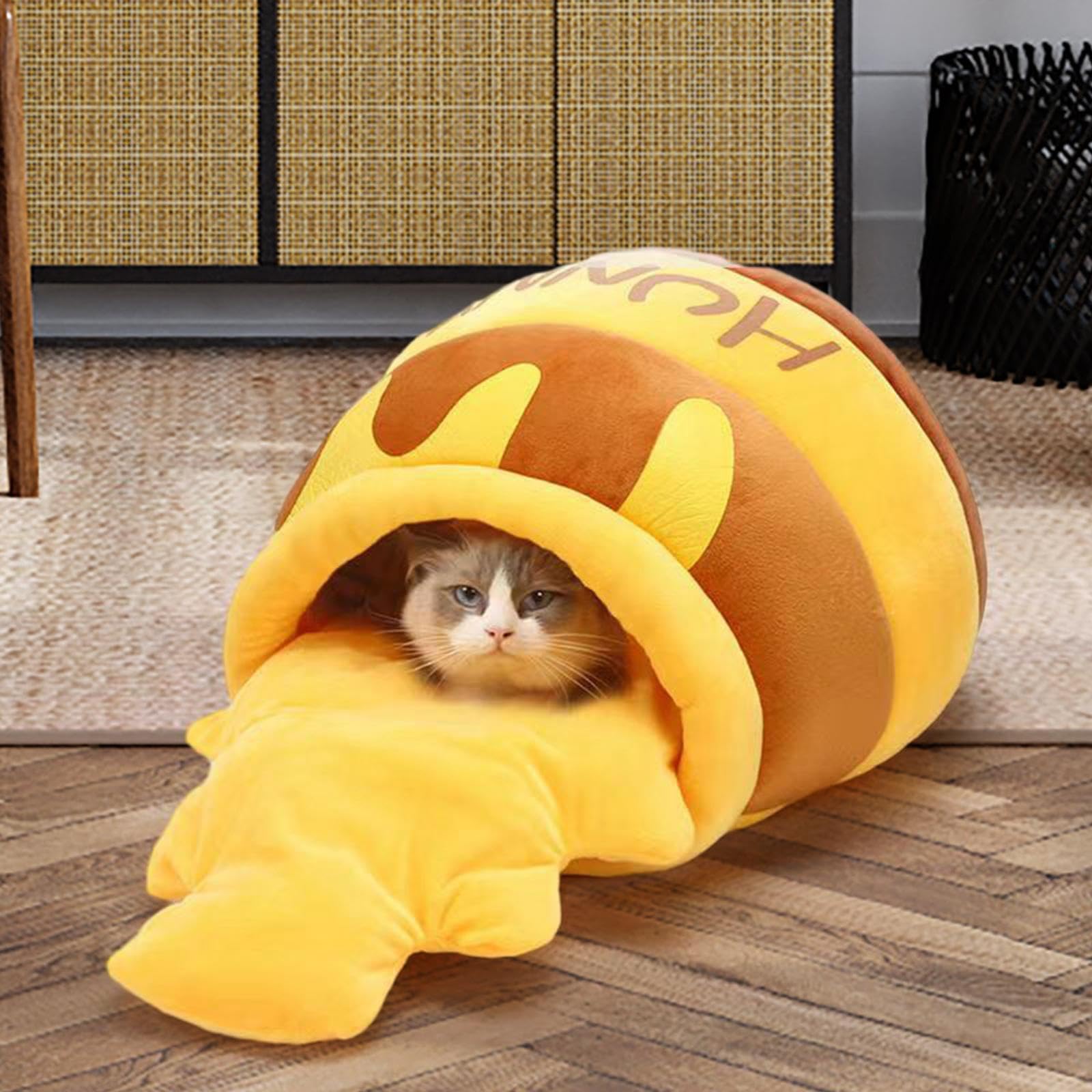 Haustier-Katzenbett, Rutschfester Boden, weiches Versteck zum Schlafen, warmes Nest, Höhlen-Haustierbett für Katzen, Hunde und Kleintiere, Honigtopf