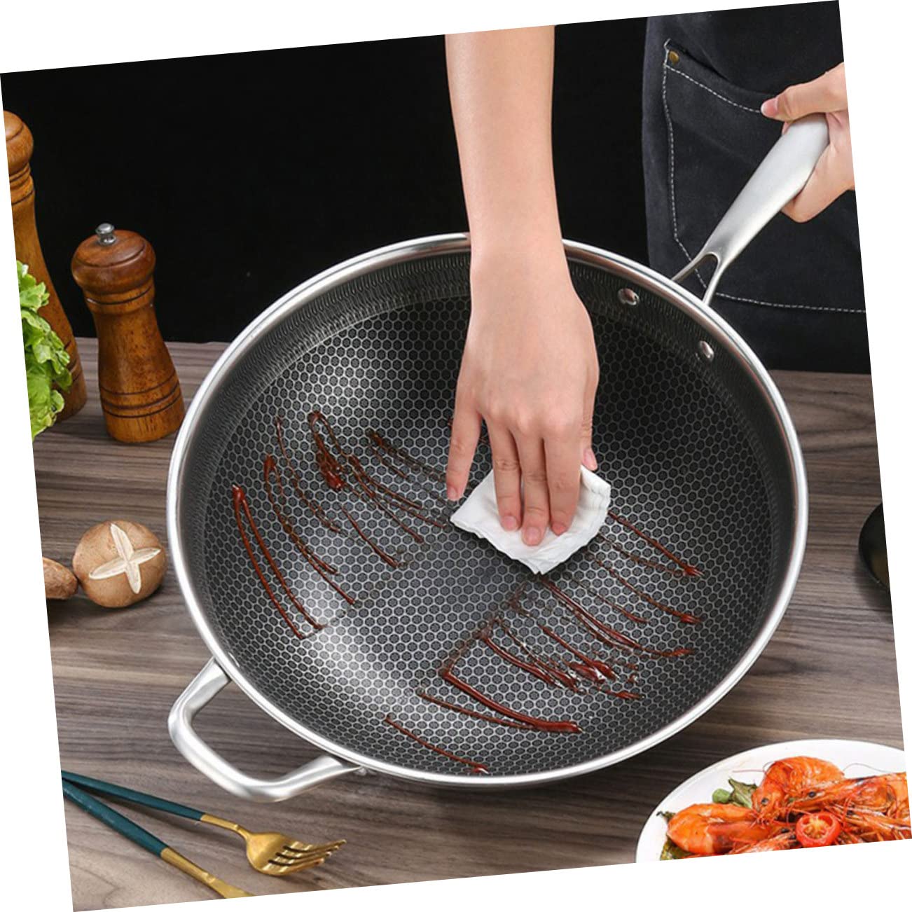 Uonlytech Wok in Acciaio Resistenti con Struttura a Nido d'Occhielli Antiaderente Manico Ergonomico Padella Tradizionale Cinese per Cucina a Induzione Resistente e Facile da Pulire