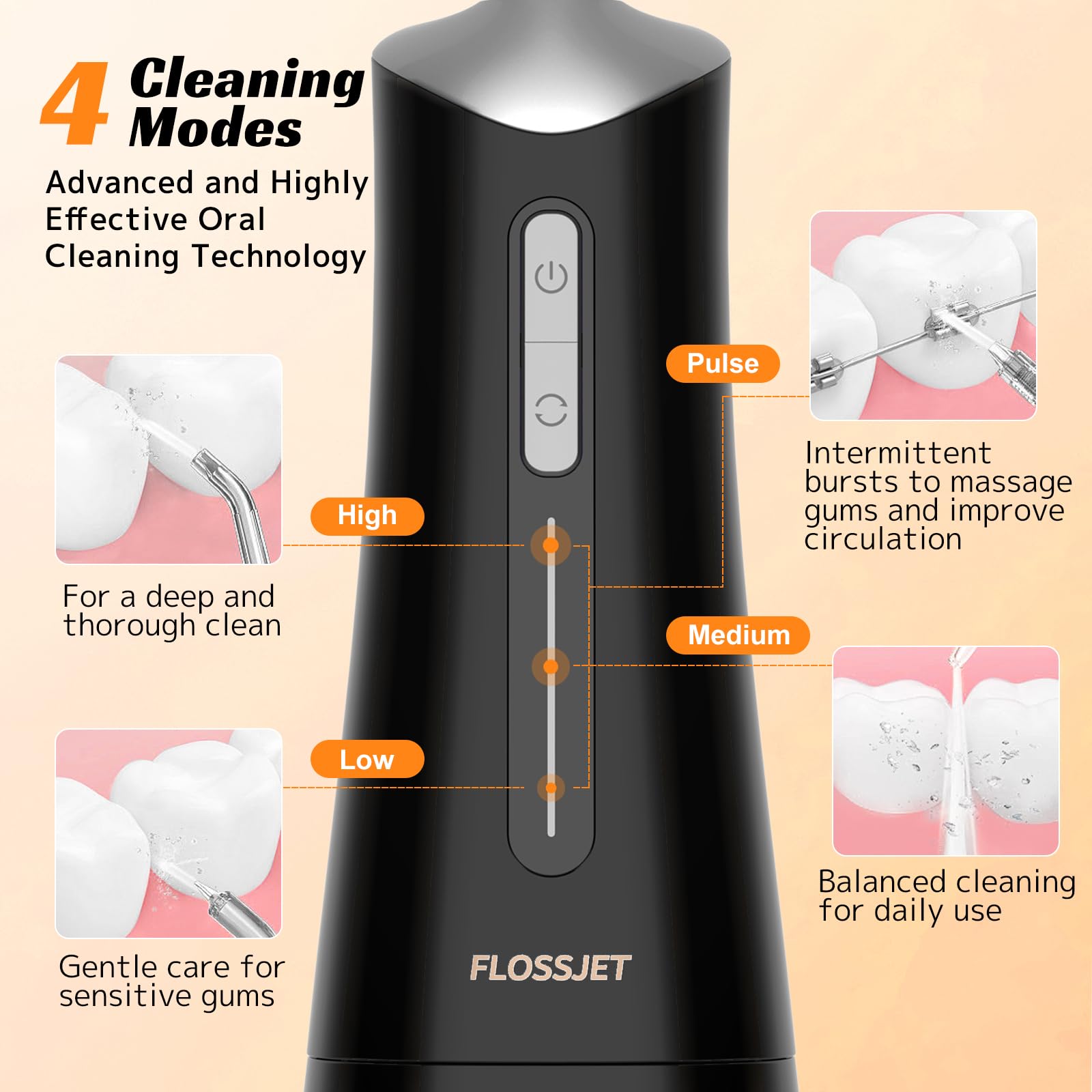 FlossJet Irrigador Dental Inalámbrico Irrigador Bucal Portatil 300ML Water Flosser (Negro Y Plateado)
