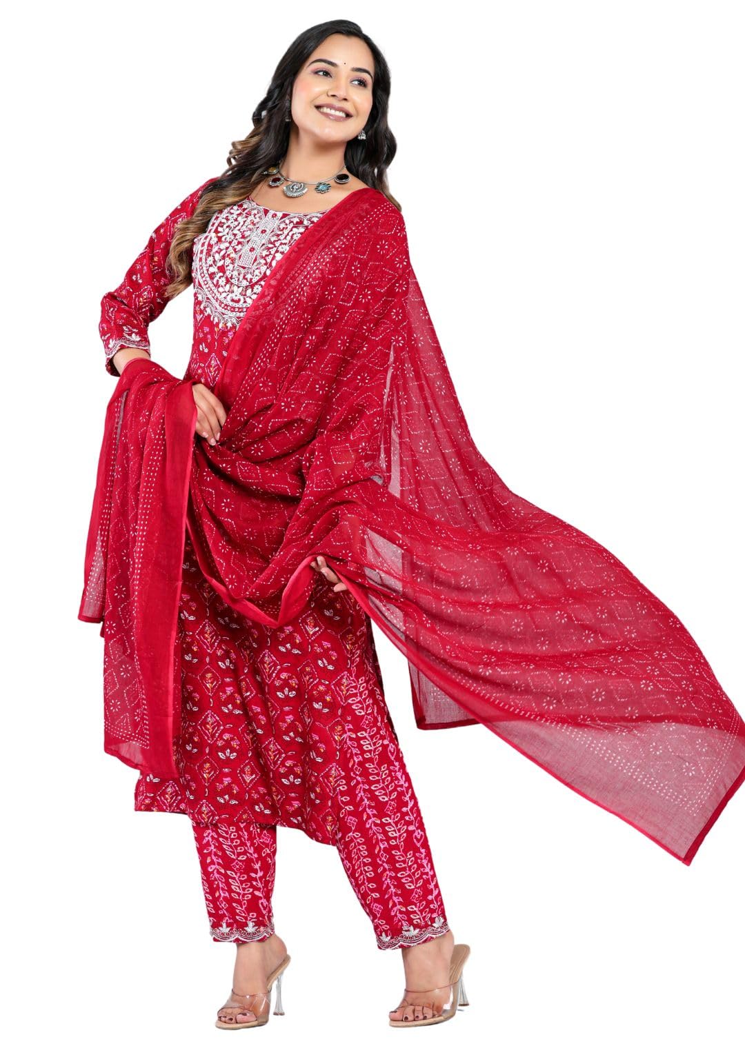 Rytras Women's Embroidered Straight Kurta Set With Palazzo Pants & Dupatta- Ethnic Wear, Maroon(Ryt607-New,Xxl)