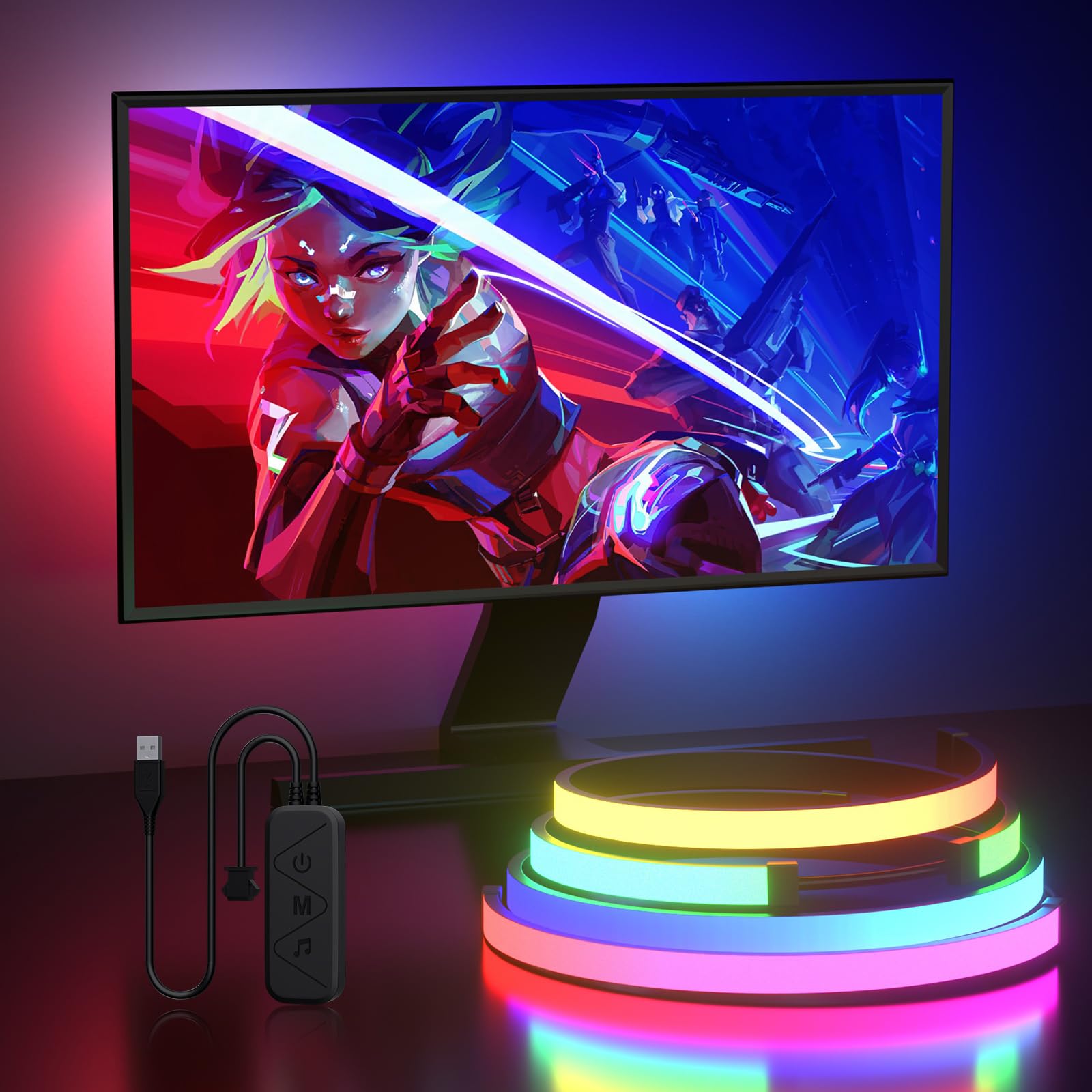 Lumtang Monitor LED Backlights, 4-Side 24-32inch LED Strip Light Sync with Screen Color/Music, Computer Light Bar Behind Screen, for PC/Mac, LEDs for