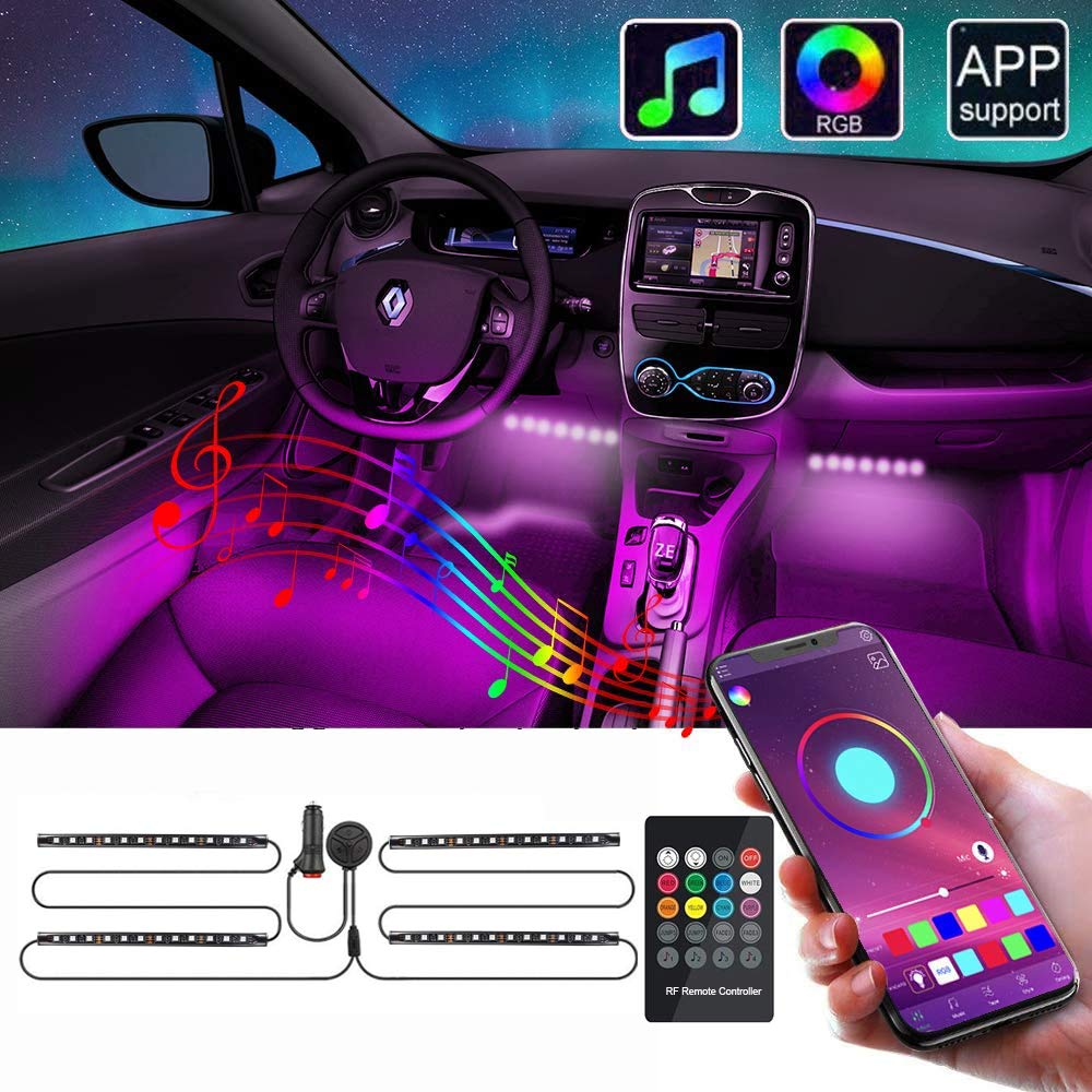 Car Interior Lights, ANIKUV Car LED Strip Light Waterproof 4pcs 72 LEDs Multicolor Music Super Length Wires with APP, Sound Active Function and Wireless Remote Control, Car Charger Included, DC 12V