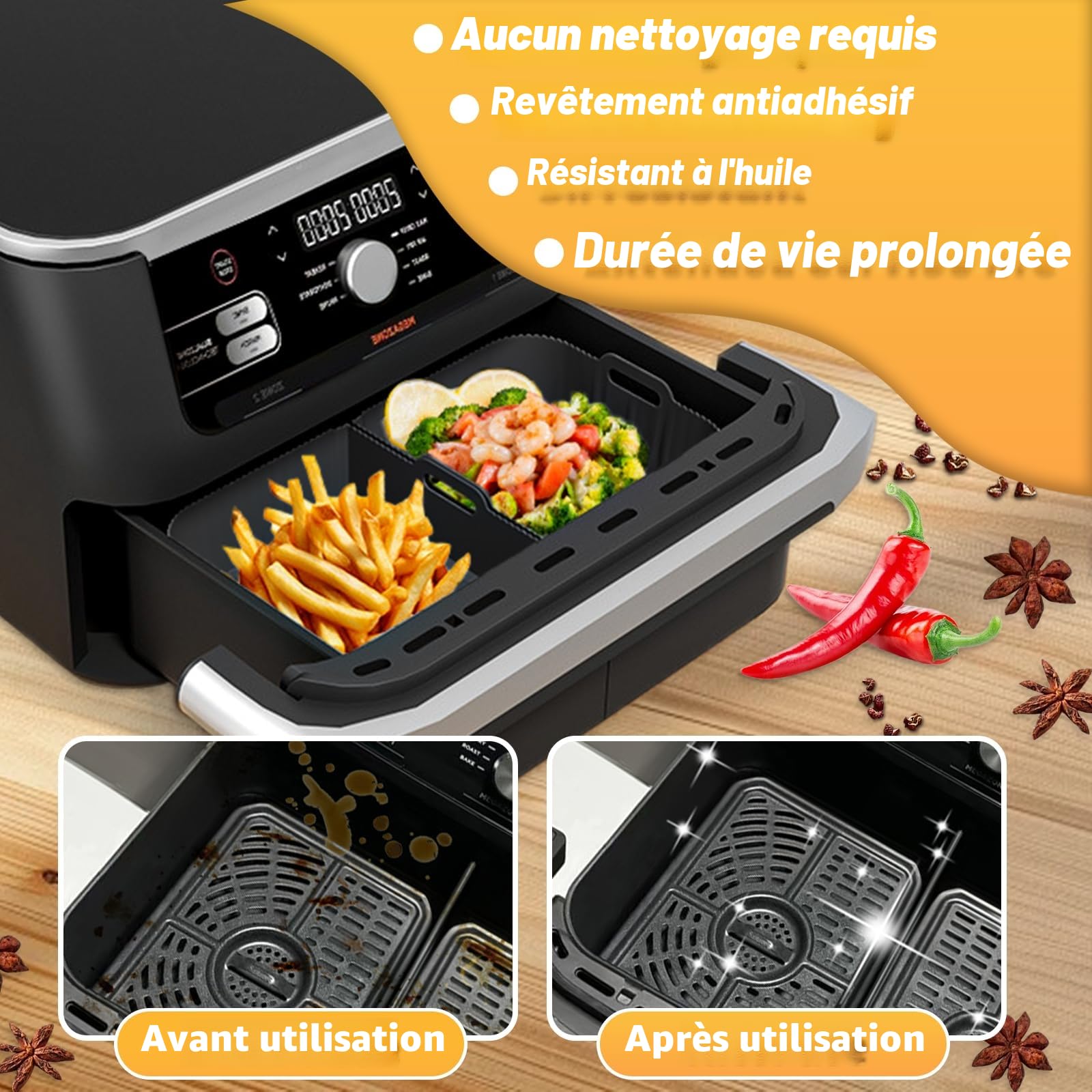 Moule Silicone Air Fryer Accessoires pour Ninja Air Fryer 10.4L AF500EU/COSORI 10L/COSORI Dual Zone 10L Twinfry Airfryer, Réutilisable Silicone Réutilisable Plat, Grille Racks, Grille de Grille