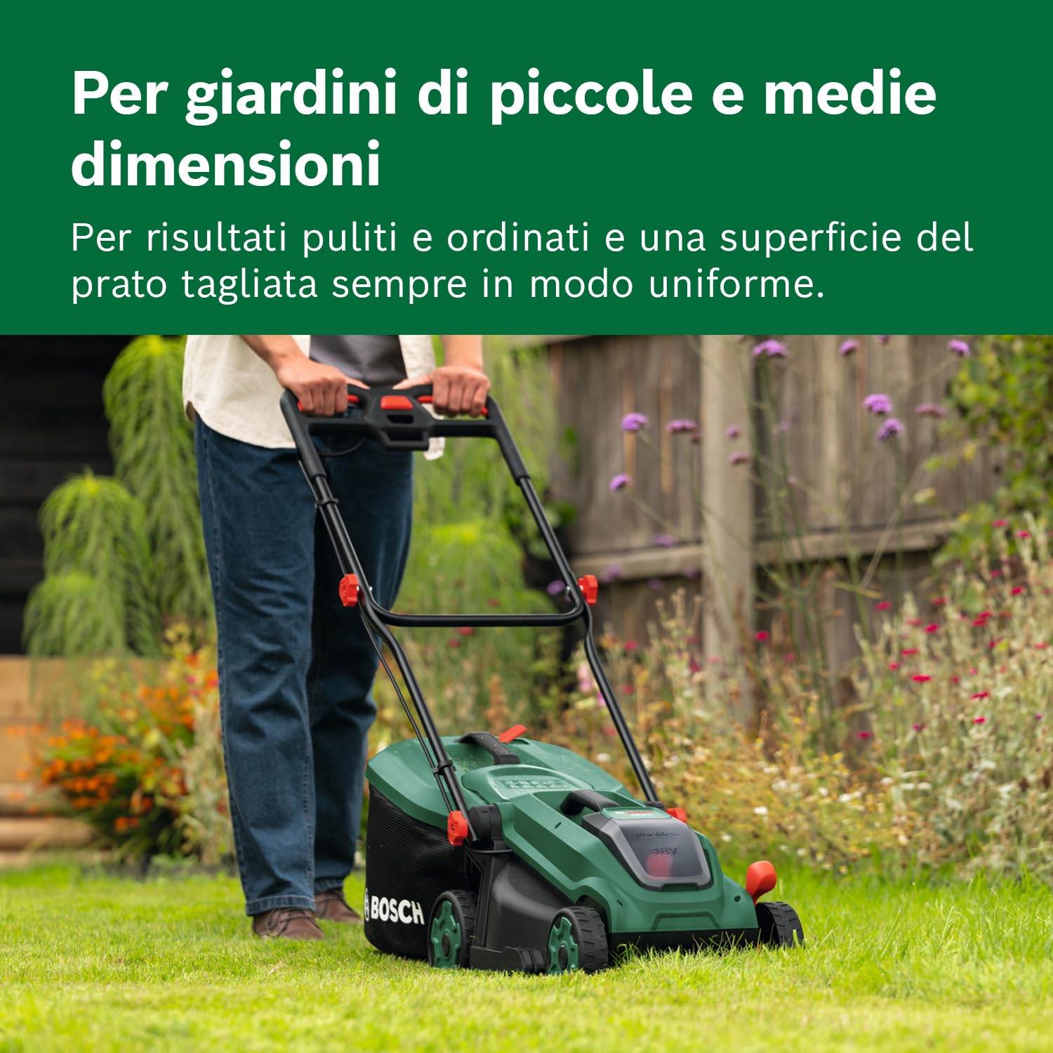 Bosch Rasaerba a batteria ROTAK18V-34 (larghezza di taglio: 34 cm, altezza di taglio: 25-65 mm, sacco raccoglierba in tessuto da 35 l, tappo per pacciame, senza batteria)