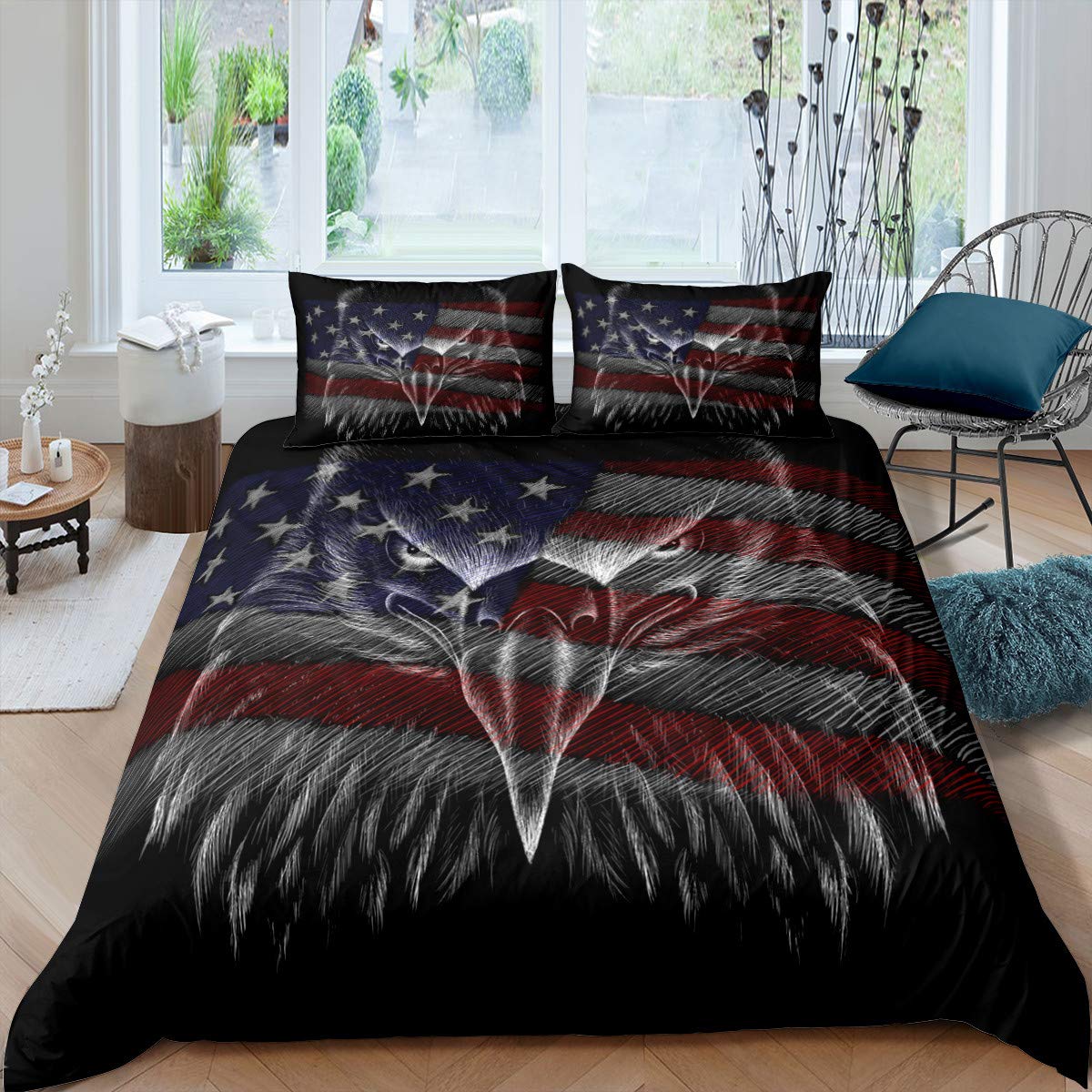 HomewishAmerican Flag and Dark Eagle Pattern Comforter Cover Set (No Comforter) Black Color Duvet Cover for Kids Teens Bedding Set Soft Quilt Cover (1 Duvet Cover + 2 Pillow Cases) Queen Size