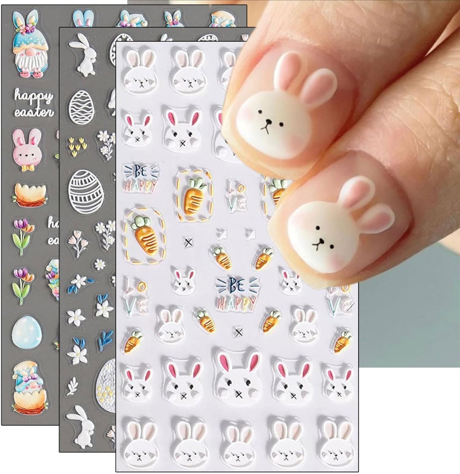 3 Sheets Embossed Easter Nail Stickers – Bunnies, Eggs, Flowers, Self-adhesive 5D Nail Stickers for Spring Manicure with Floral, Bunny, and Carrot Designs, Nail Art Accessories