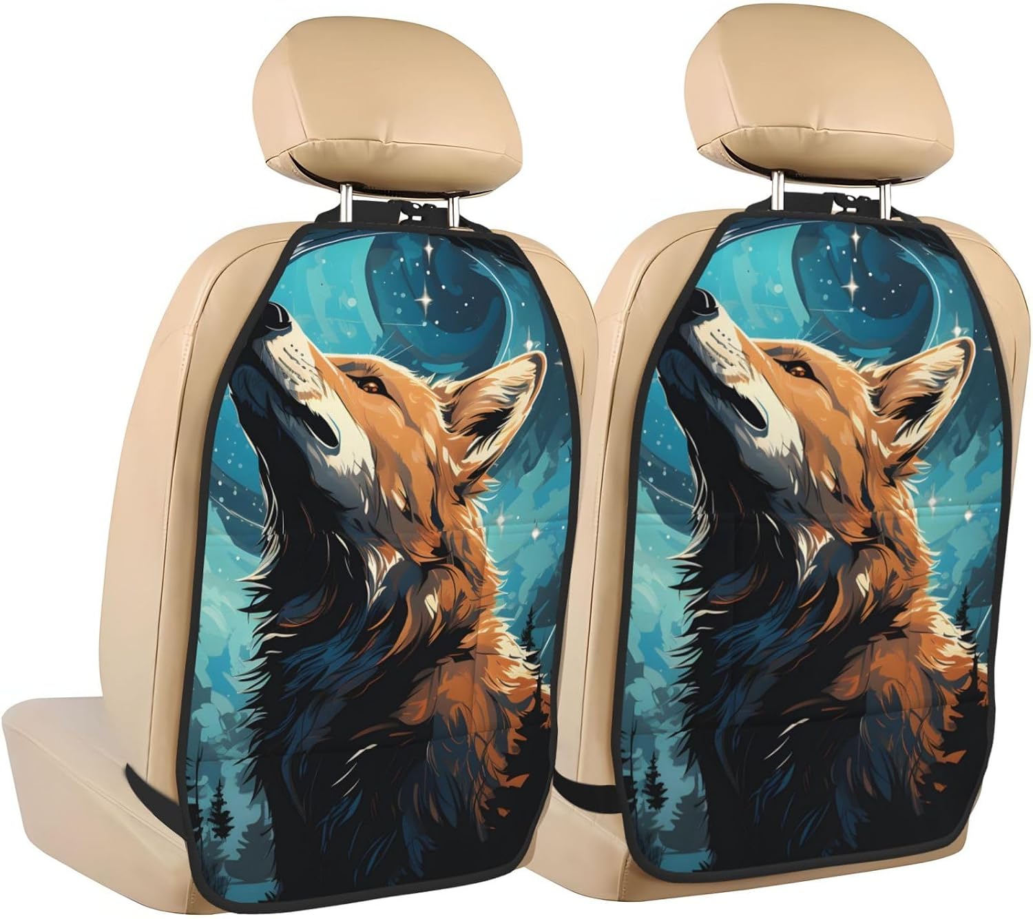Car Seat Back Kick Protector 2 Pack 18.5x26.4 Inch, Cartoon Wolf Night Sky Anti-Kick Pad, Waterproof Oxford Fabric Large Rear Seat Cover for Kids Pets Fits SUV Jeep Truck Sedan