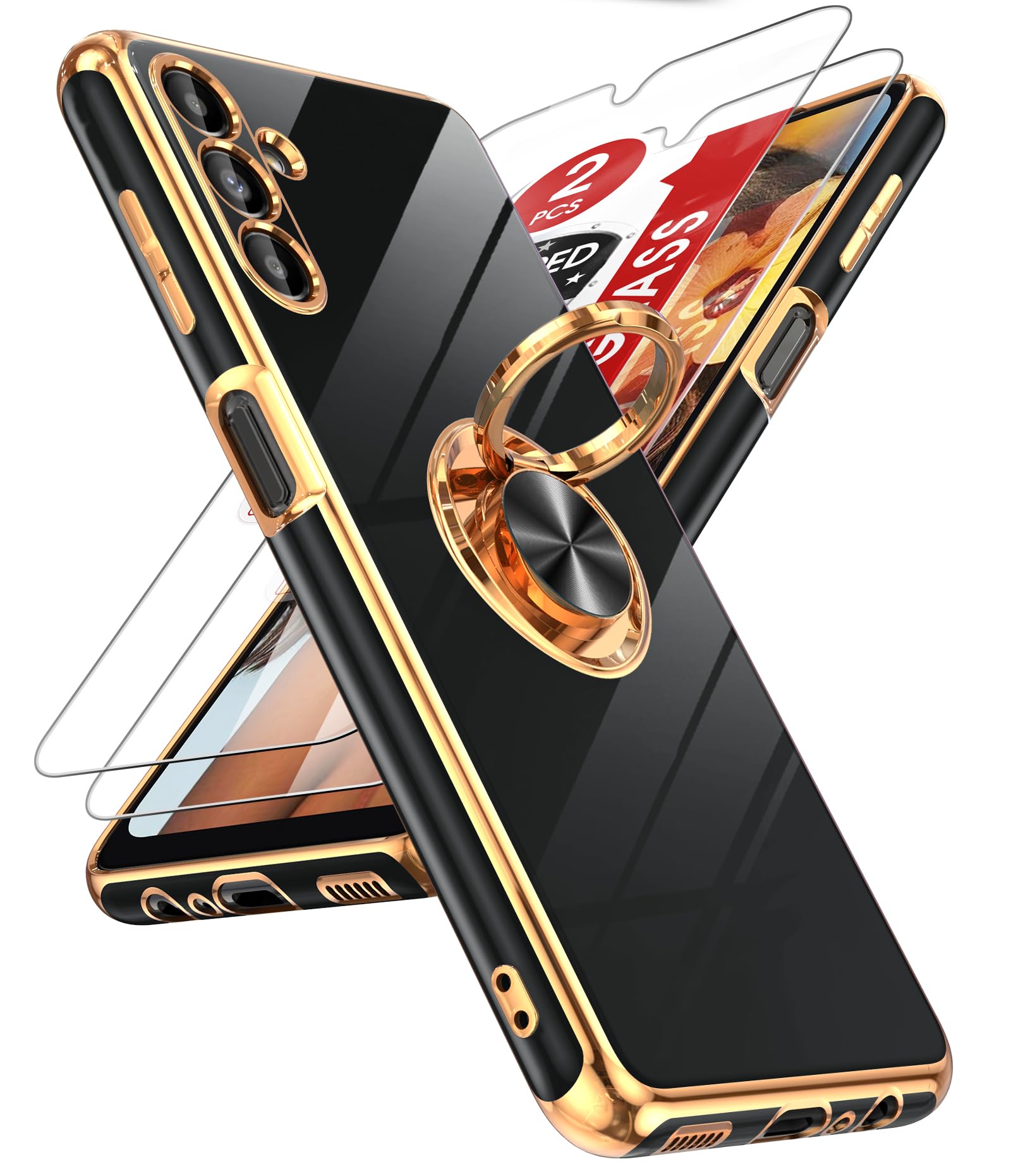 LeYi for Samsung Galaxy A13-5G Phone Case: [2 Pack] Tempered Glass Screen Protector, 360° Rotatable Ring Holder Magnetic Kickstand, Plating Rose Gold