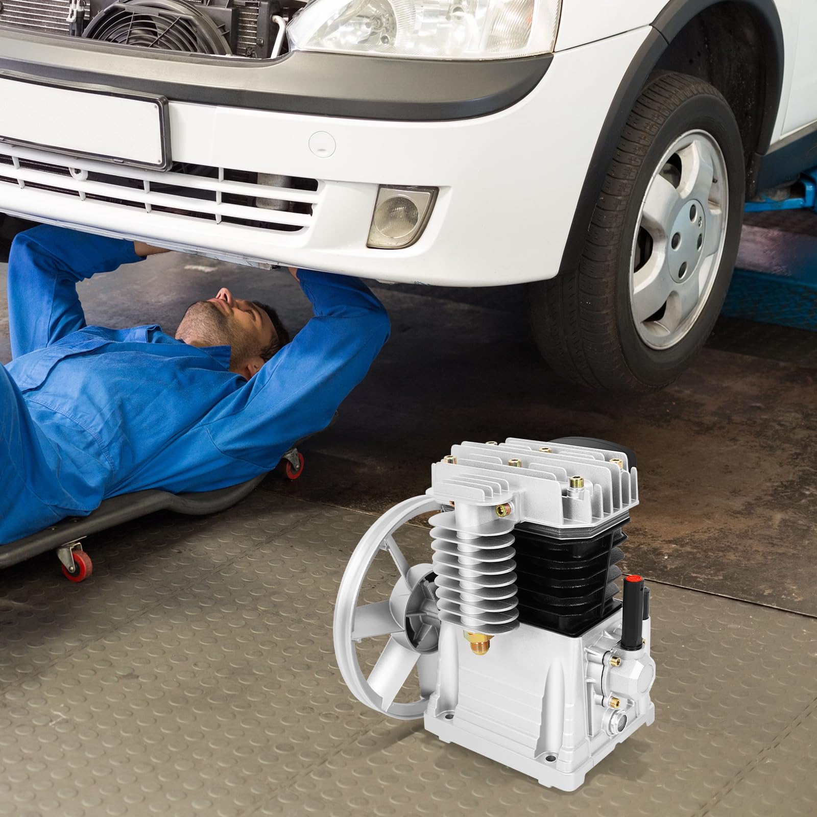 Compresor de aire Cabeza de bomba 2 cilindros 420L/min 8Bar 960RPM Lubricado con aceite con polea para taller industrial plata negro