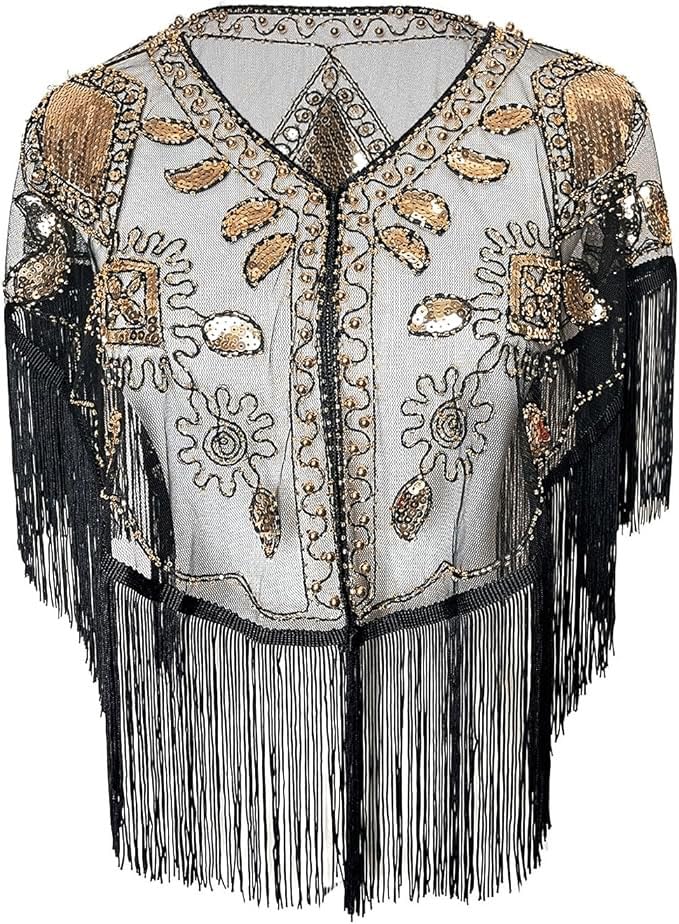 1920s Vintage Lace Sequined Shawl, Women Wraps and Shawls Formal,Black Fringe Trim, Gold Floral Evening Wrap