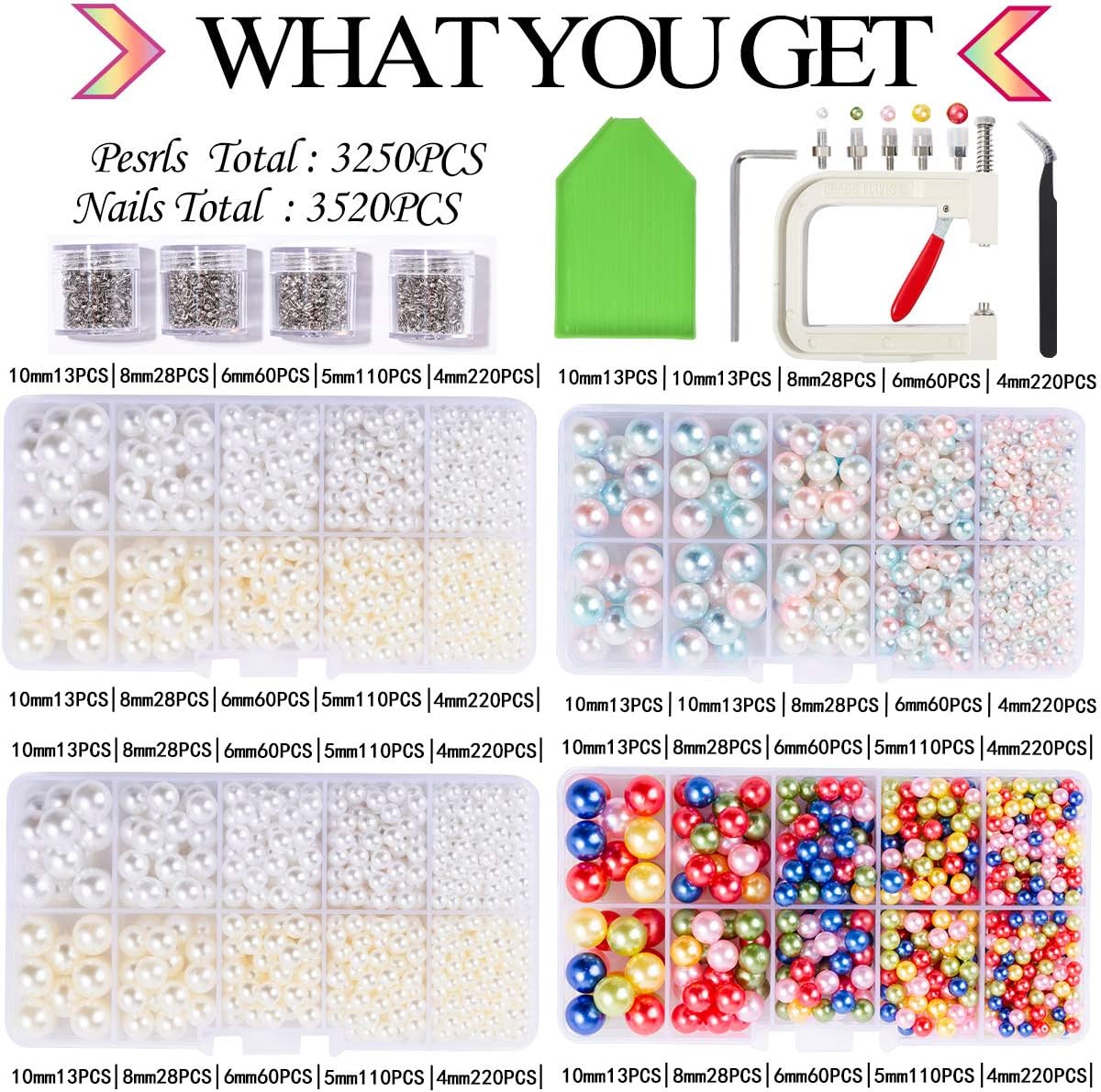 Pearl Setting Machine with 15 Colors 8mm Pearls- Including Pearl Setting Machine Tools for Hats/Shoes/Clothes/Bags/Skirts,Beads DIY Accessories, Total 525 PCS (4Boxes)