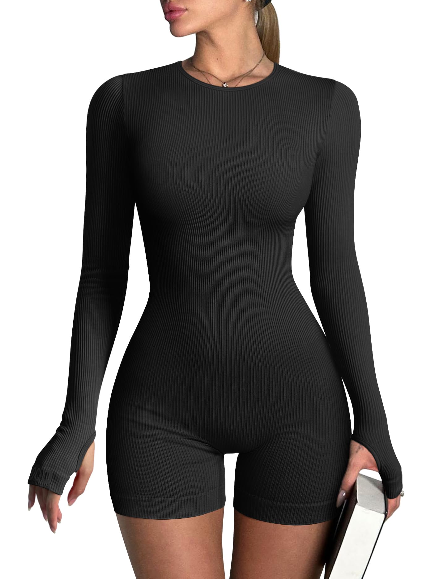 OQQ Women‘s Yoga Rompers Ribbed Long Sleeve Crew Neck Tops Exercise Rompers X-Large