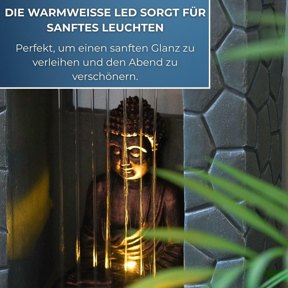 Festive Lights Fontaine solaire LED Bouddha - Gris - Aspect pierre - Fonctionnement solaire et USB - Pour l'intérieur et l'extérieur - 43 cm