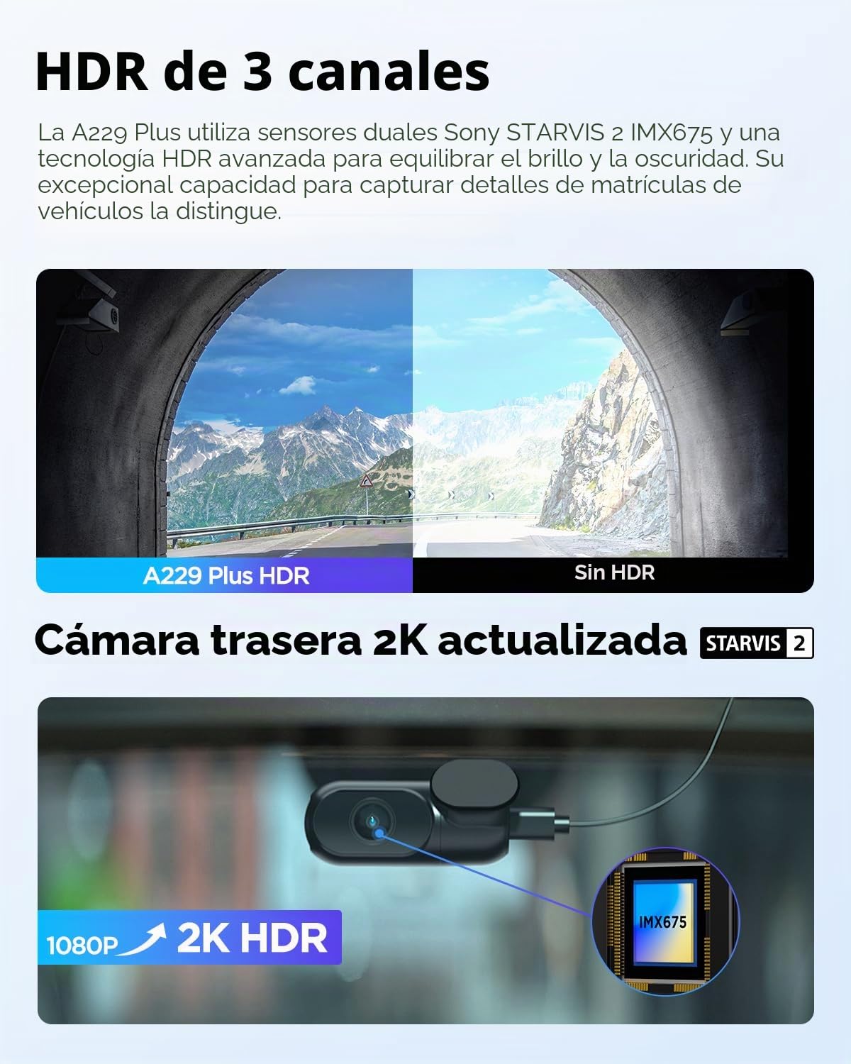 VIOFO A229 Plus 3CH Dashcam, 2K+2K+1080P, Dual STARVIS 2, GPS, WIFI | 3 canales (2 K + 2 K + 1080P), visión nocturna 2.0, WiFi rápida de 5 GHz y GPS, control por voz