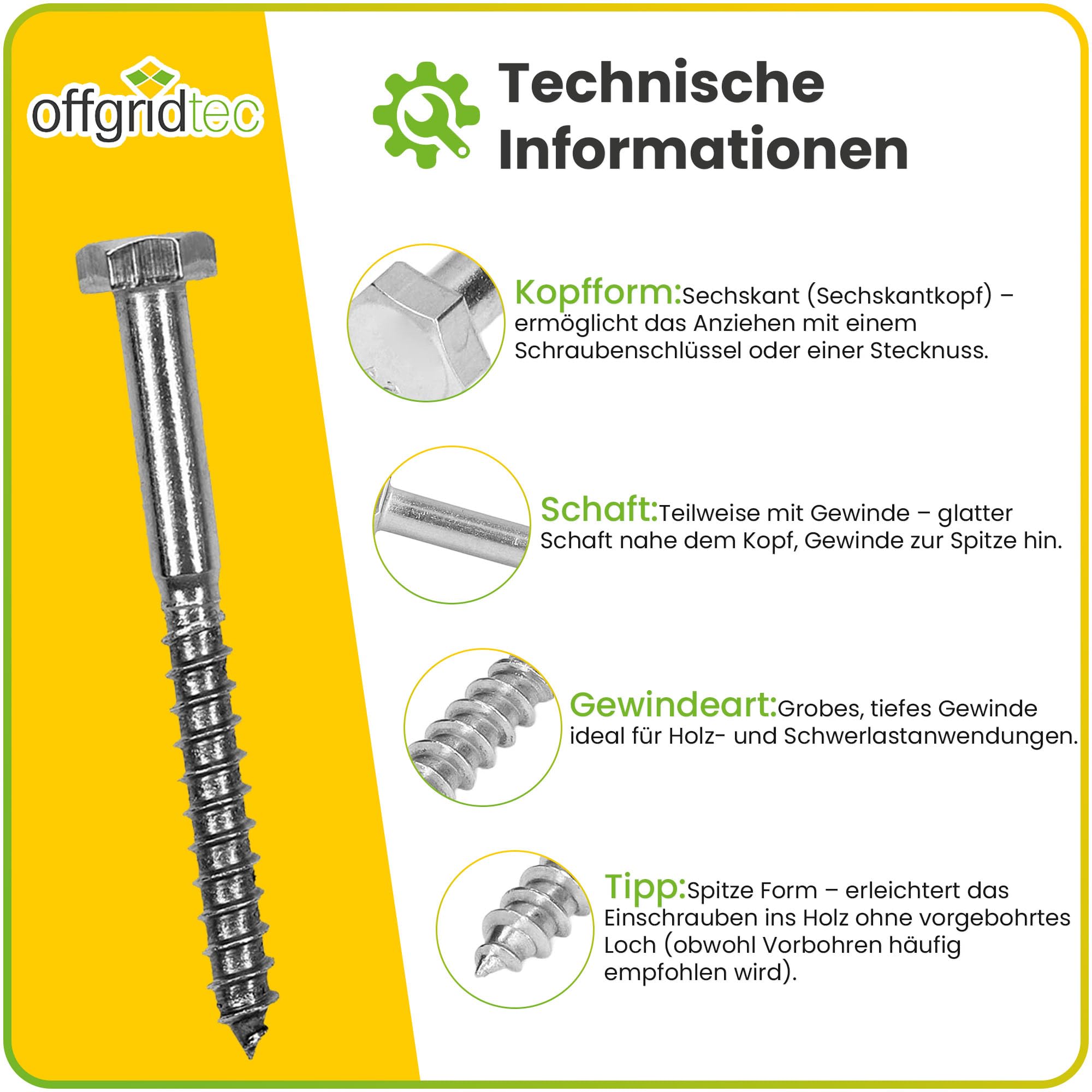 Offgridtec Tornillos hexagonales de acero inoxidable para madera, M8, DIN571, longitud 200 mm, 100 unidades
