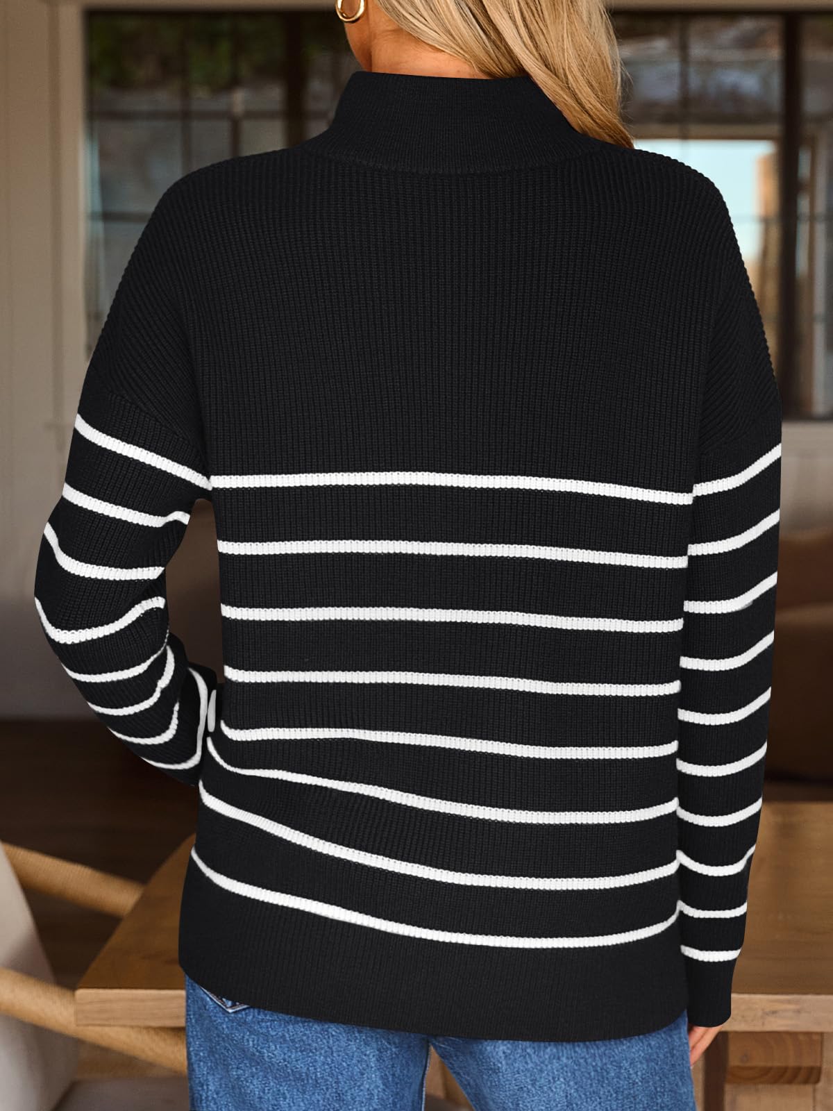 LILLUSORY Damen Pullover mit Viertelreißverschluss, gestreift, übergroß, Mock-Rollkragen, Herbstmode