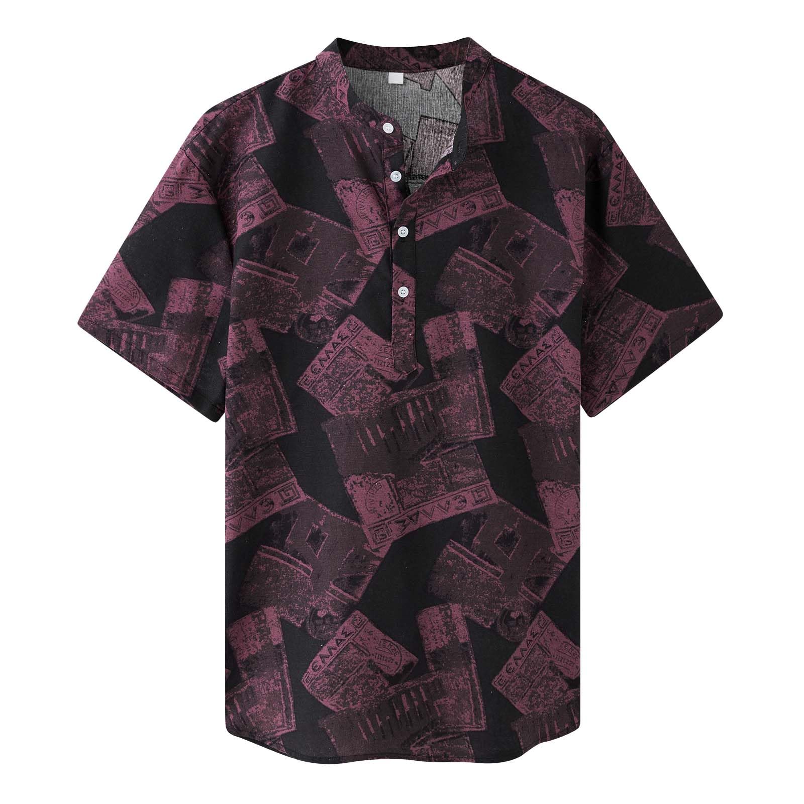 Loveternal Camisa De Lino Camisa De Hombre Camisa Henley De Manga Corta Camisa Informal con Estampado Étnico Retro Camisa Hawaiana Informal De Verano con Botones para Hombre
