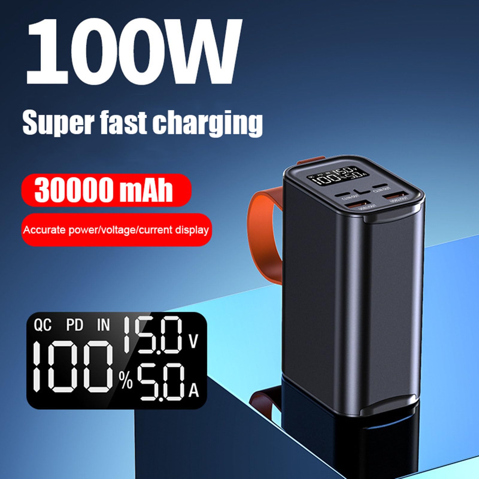Przenośny Power Bank z diodą LED, wejście/wyjście PD 100 W, bateria o dużej pojemności 30000 mAh, do telefonów komórkowych i tabletów,Blue