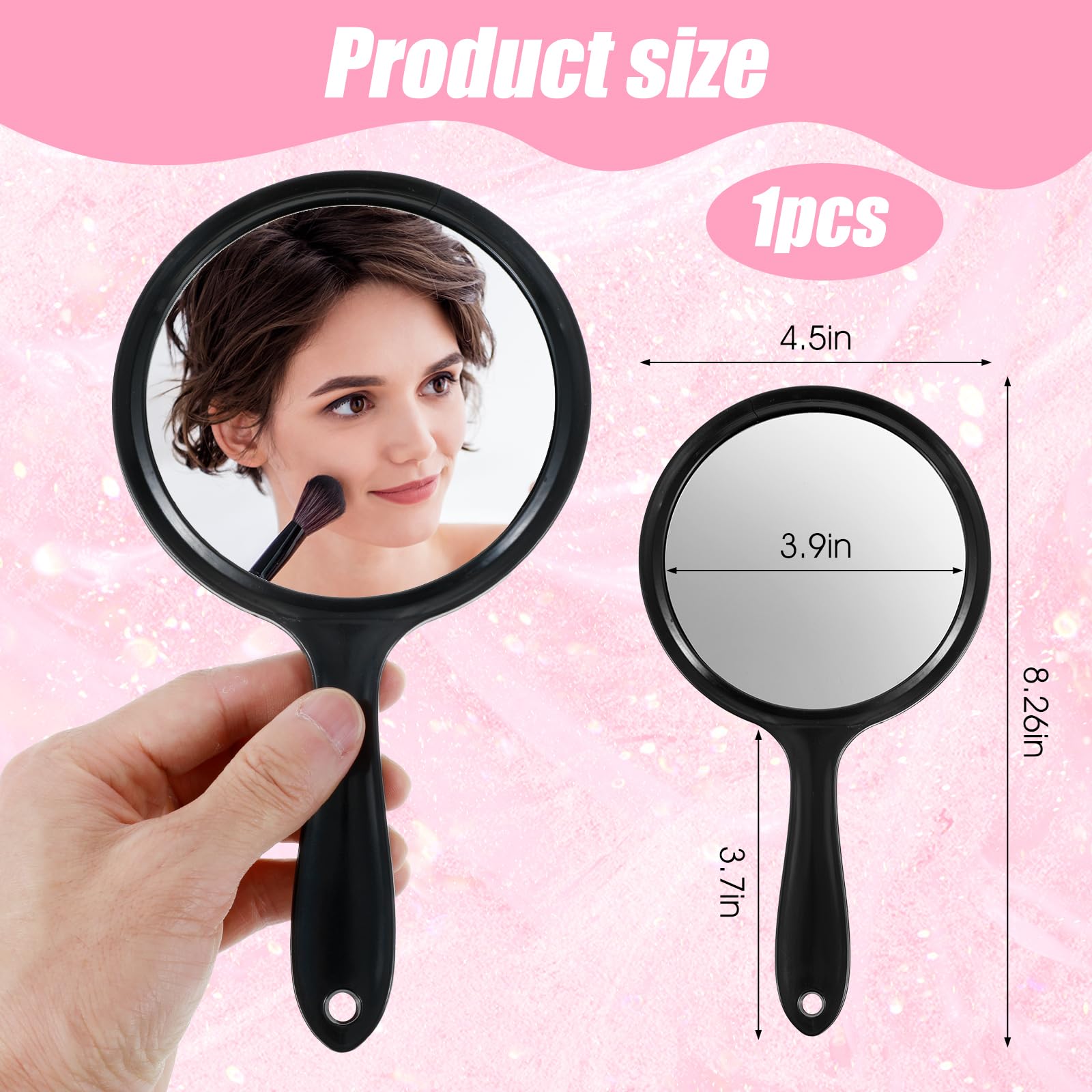 Xinjoduz Miroir à main double face 21 x 11,5 cm - Petit miroir cosmétique avec grossissement x/2x et poignée - Miroir de voyage portable pour un maquillage précis en déplacement (noir transparent)
